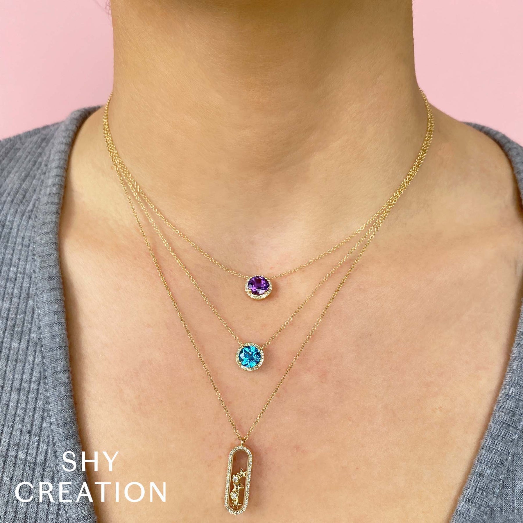 14K Gold 1.10 Carat Amethyst Diamond Halo Pendant Necklace