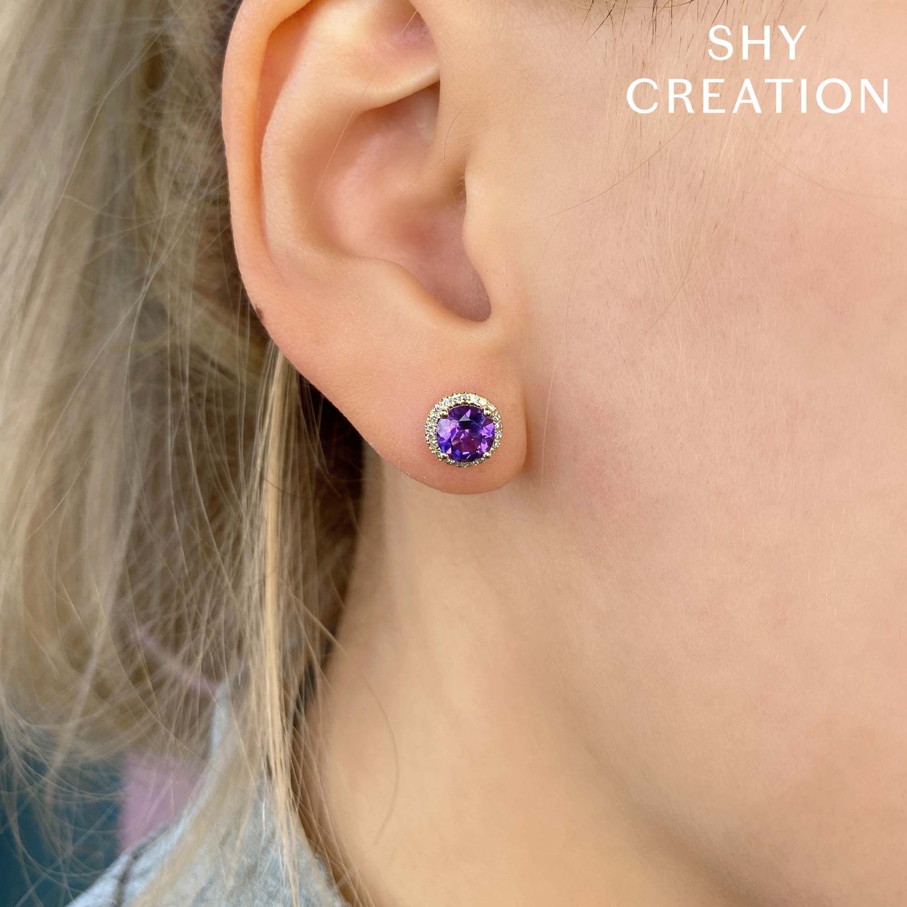 14K Gold 1.61 Carat Amethyst Diamond Halo Stud Earrings