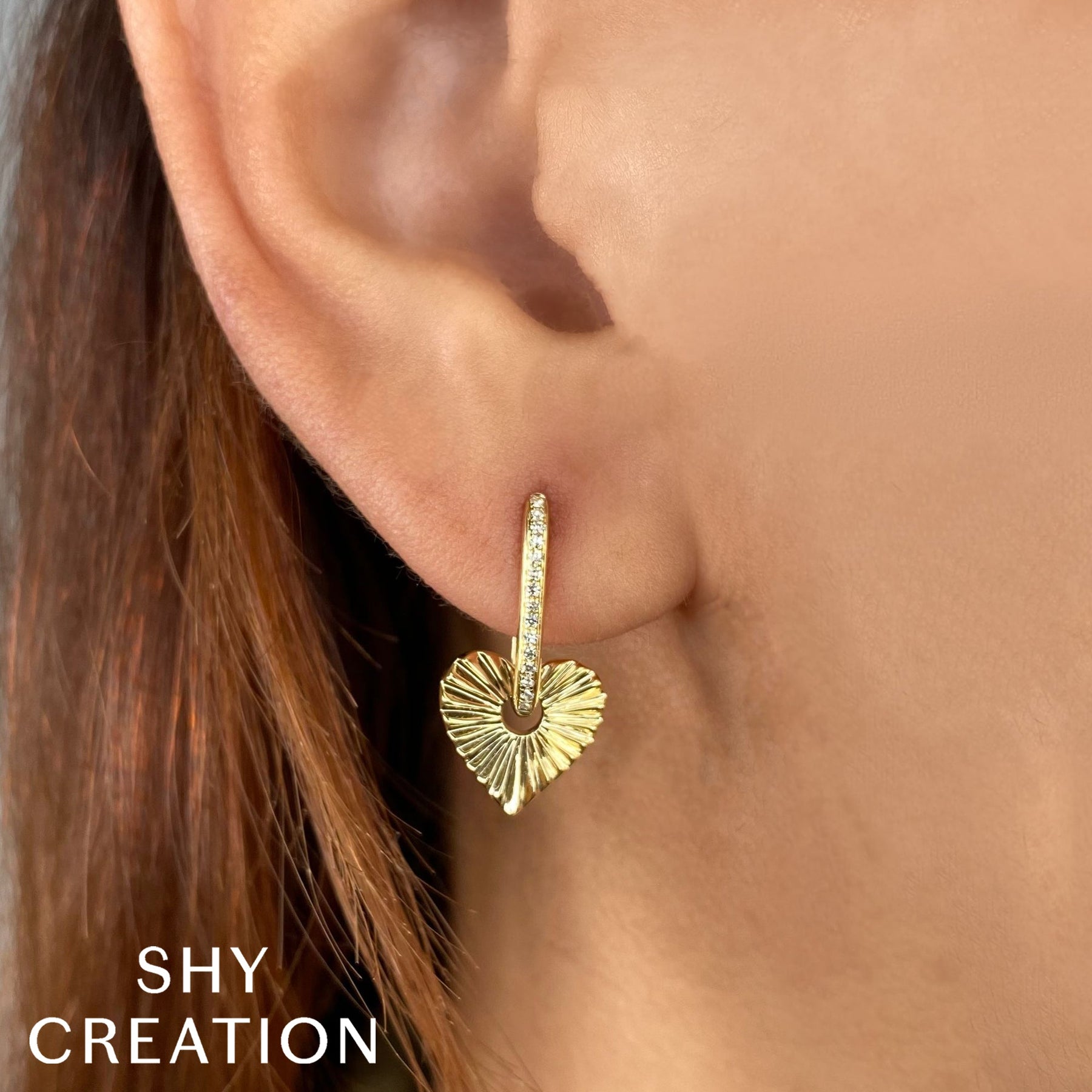 14K Gold Diamond Fluted Heart Drop Earrings - Queen May
