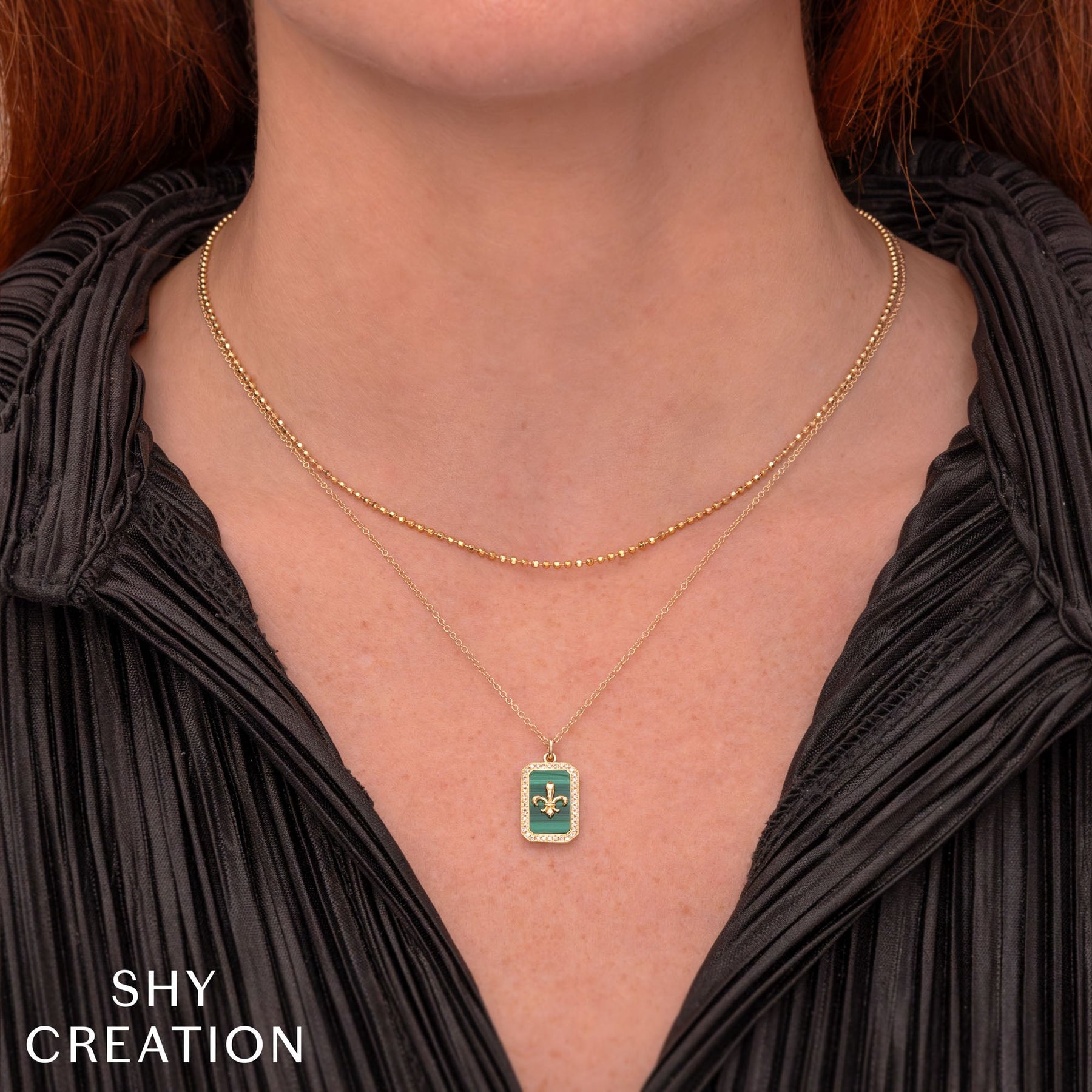 14K Yellow Gold Diamond Malachite Fleur De Lis Pendant Necklace - Queen May