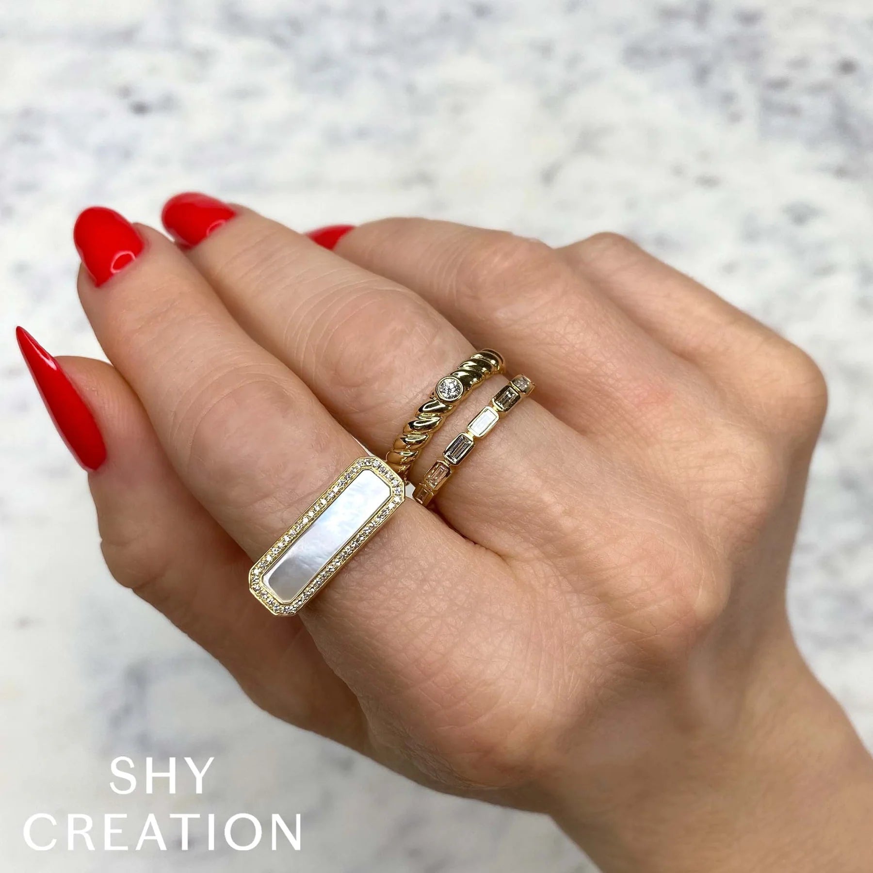 14K Yellow Gold Mother of Pearl Diamond Bar Ring - Queen May