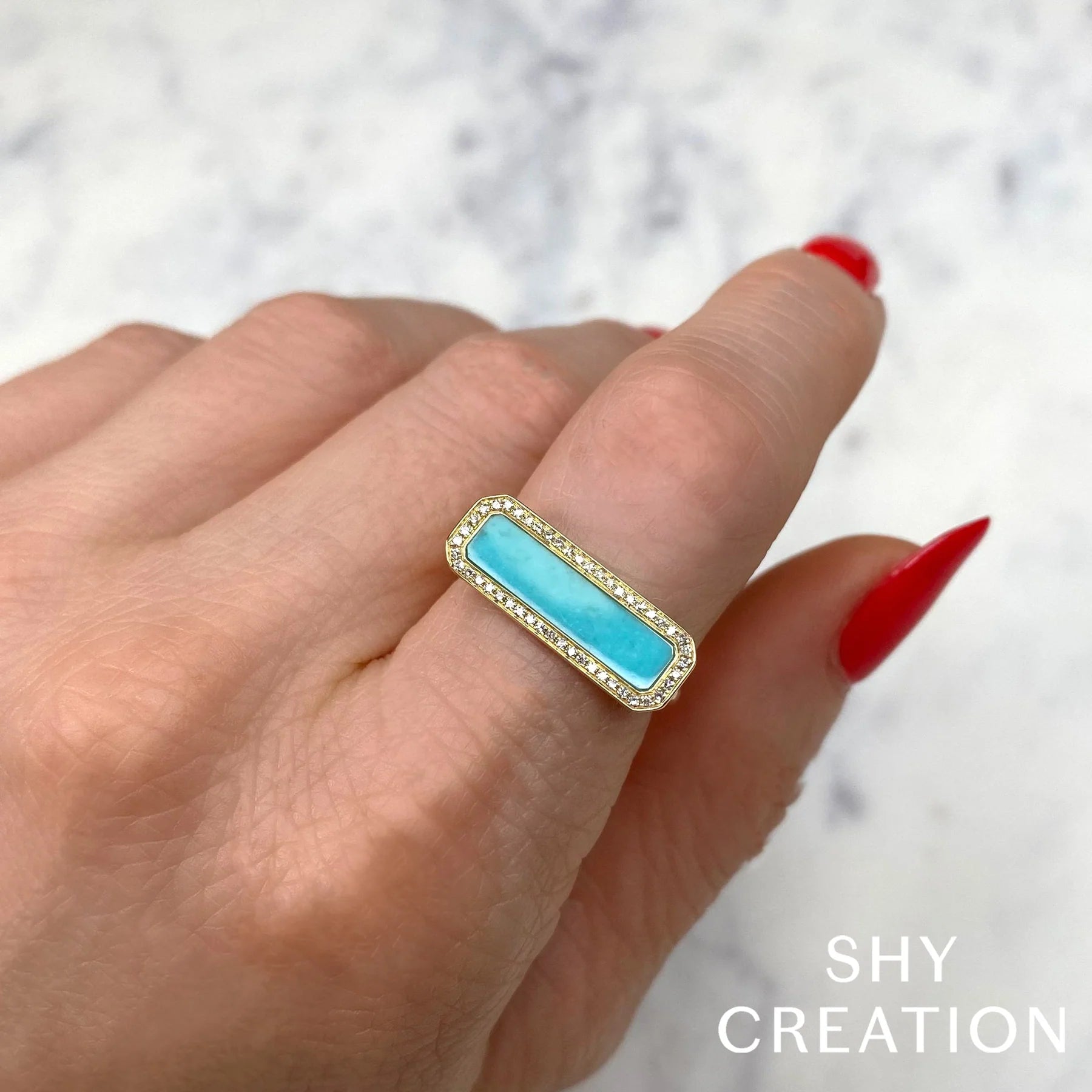 14K Yellow Gold Turquoise Diamond Bar Ring - Queen May