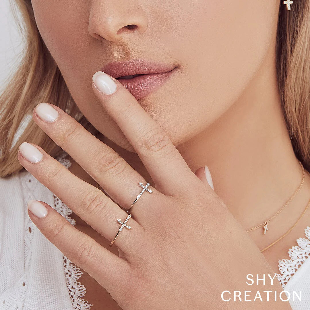 14K Gold Diamond Cross Ring - Queen May