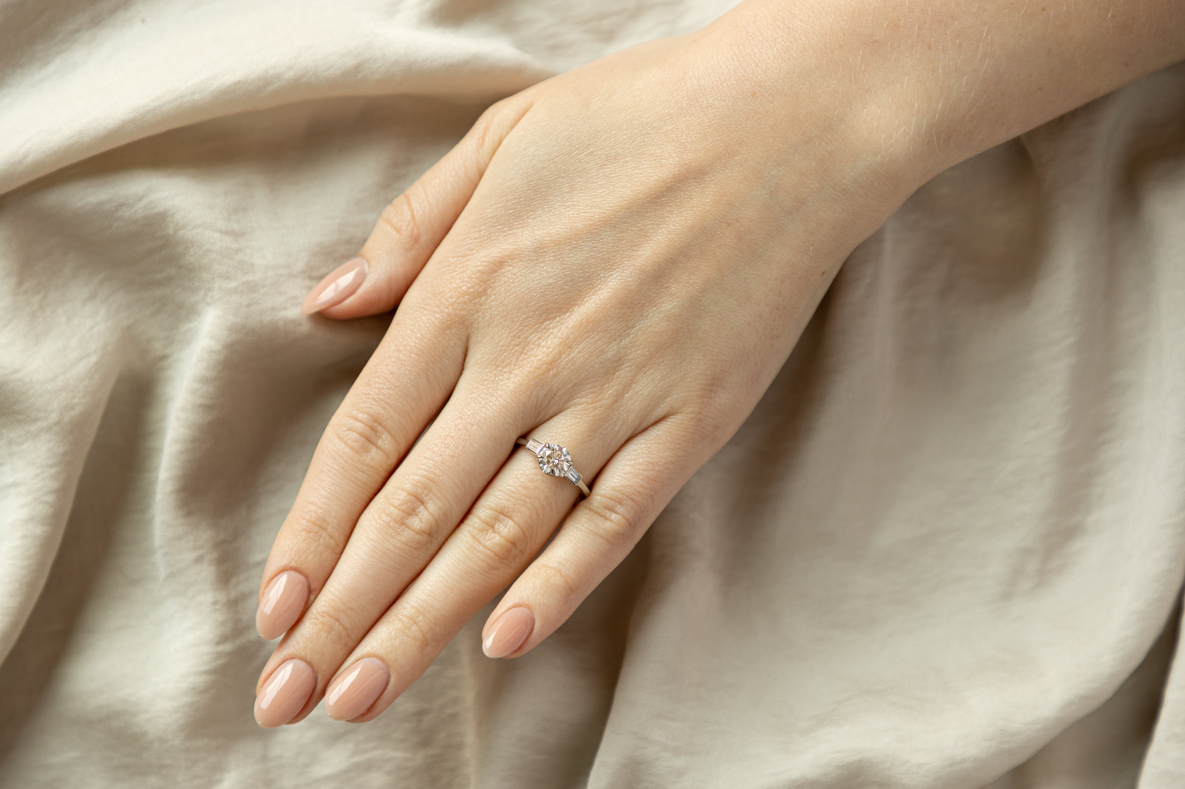 1.13 Carat Round Brilliant Diamond & Baguette Diamond Accent Three Stone Engagement Ring in Platinum GIA Certified - Queen May