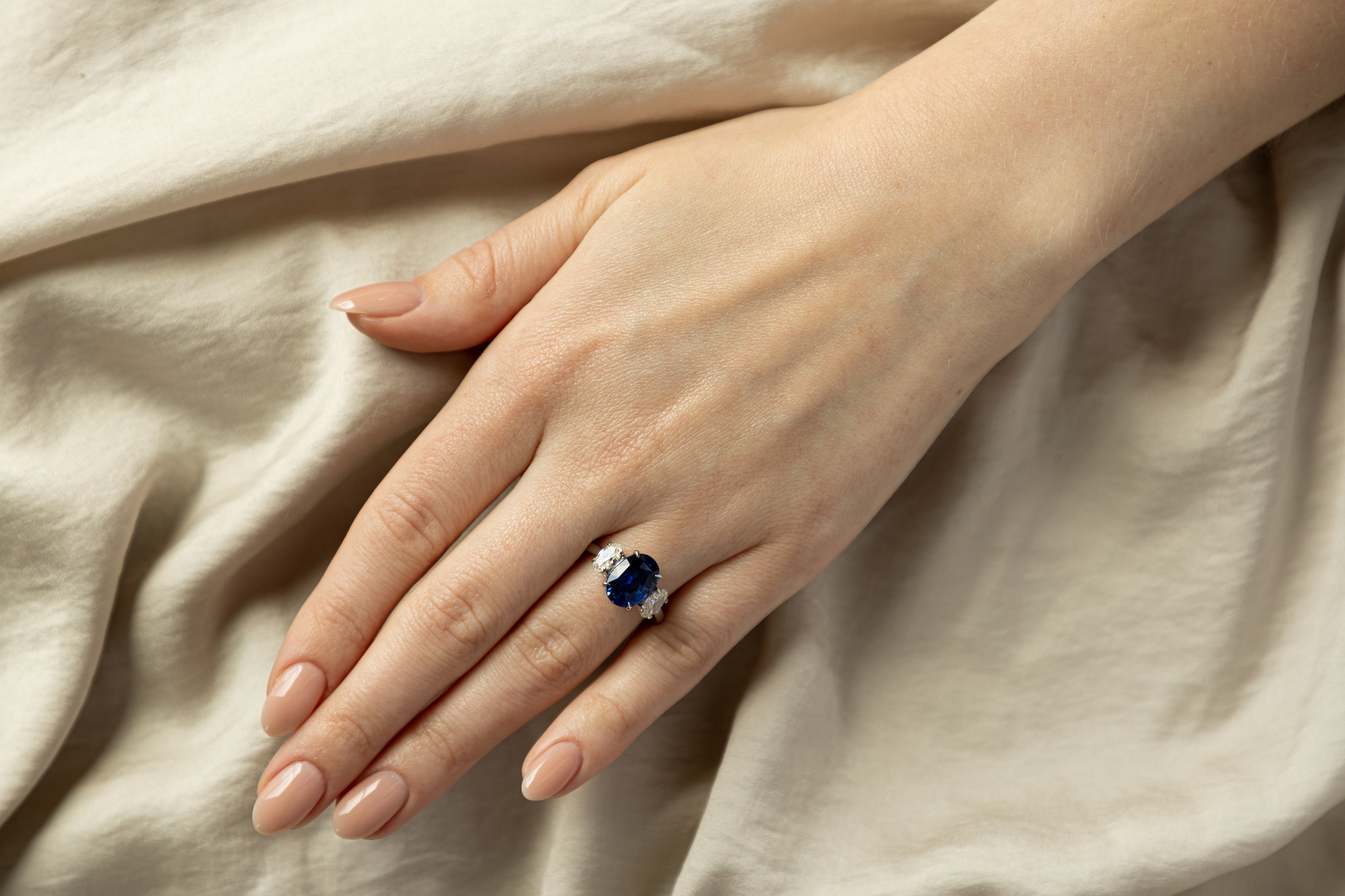 Platinum 5.12 Carat Oval Natural Sapphire Oval Diamond Three Stone Ring - Queen May