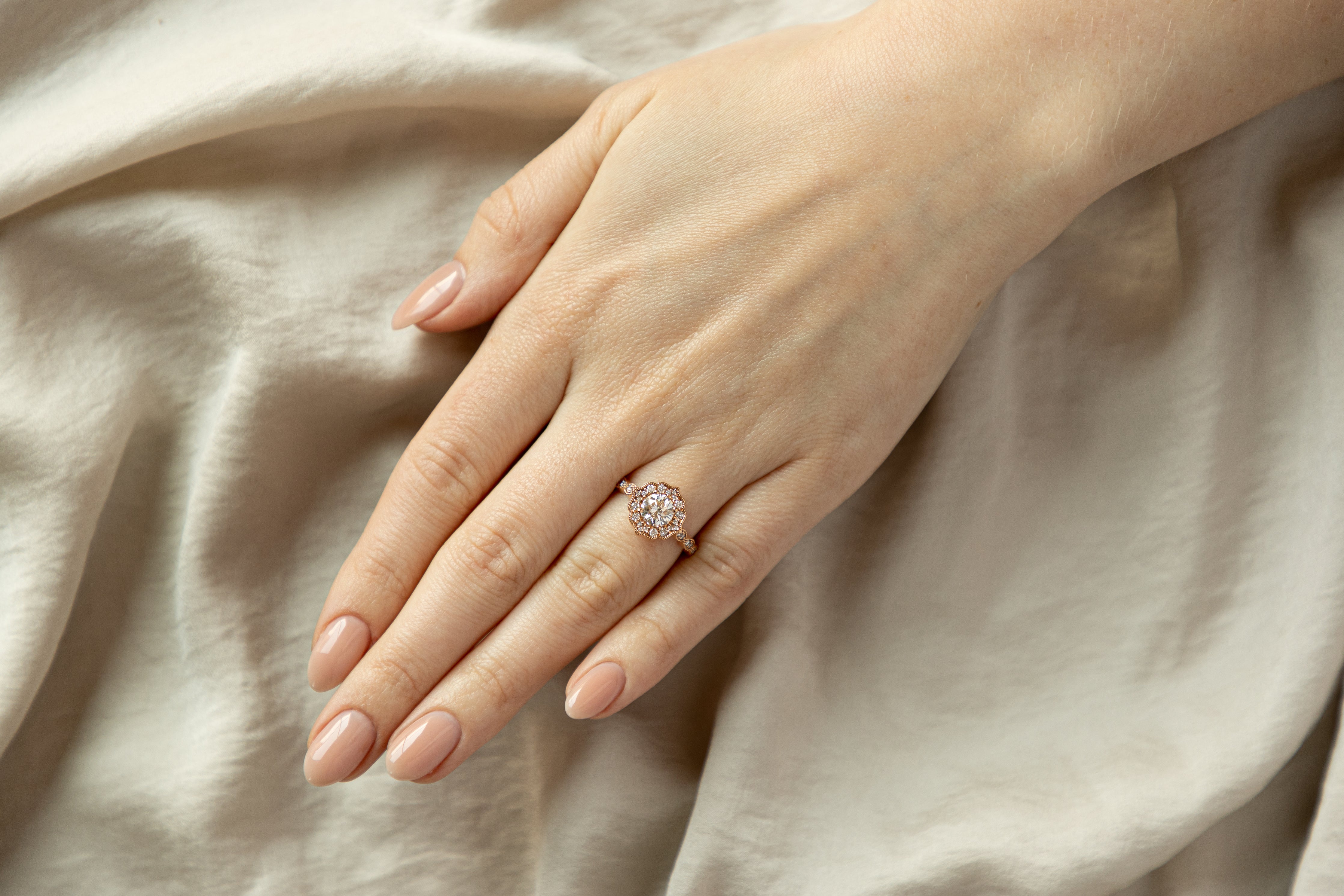 14K Rose Gold 1.02 Carat Round Brilliant Diamond Scalloped Halo Engagement Ring - Queen May