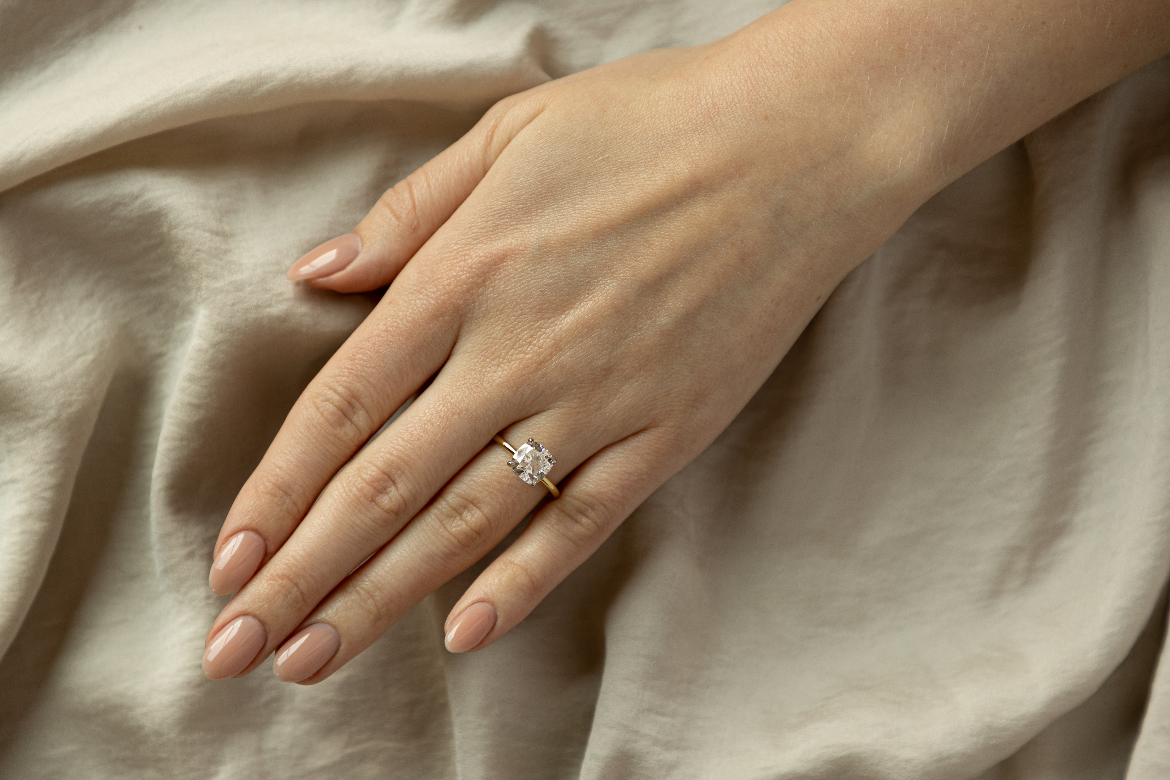 3.00 Carat Cushion Cut Diamond Hidden Halo Engagement Ring in 18K Yellow Gold & Platinum - Queen May
