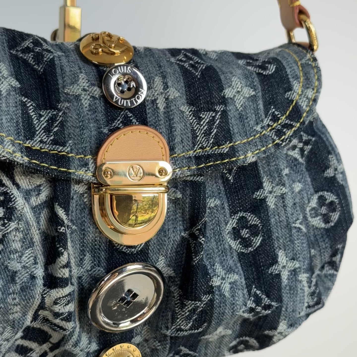 Rare Limited Edition Louis Vuitton Blue Monogram Raye Denim Judy Blame Mini Pleaty Gold & Silver Hardware, 2008 6 Charms - Queen May