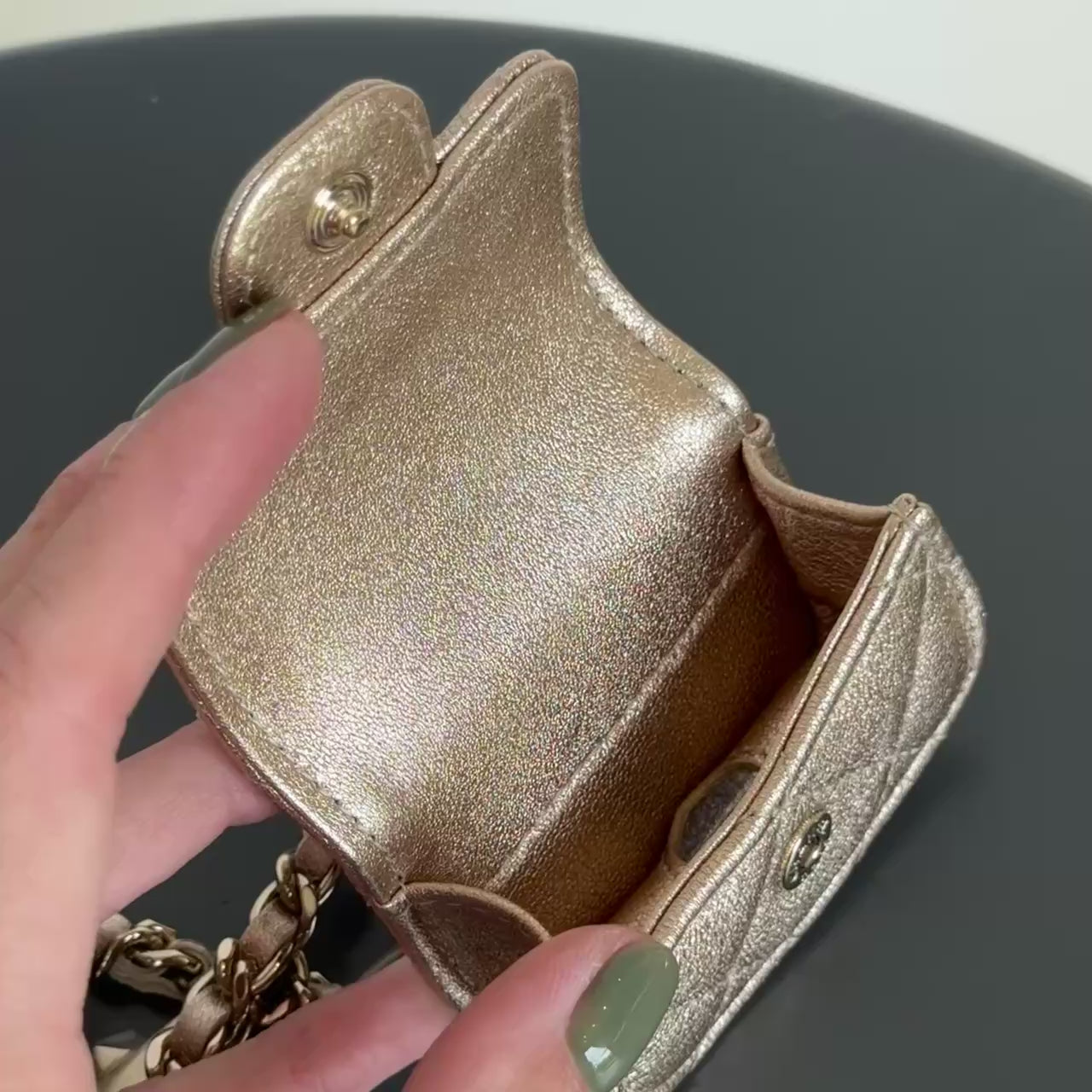 Chanel Metallic Lambskin Quilted Round Clip On Coin Purse Airpods Case - Queen May
