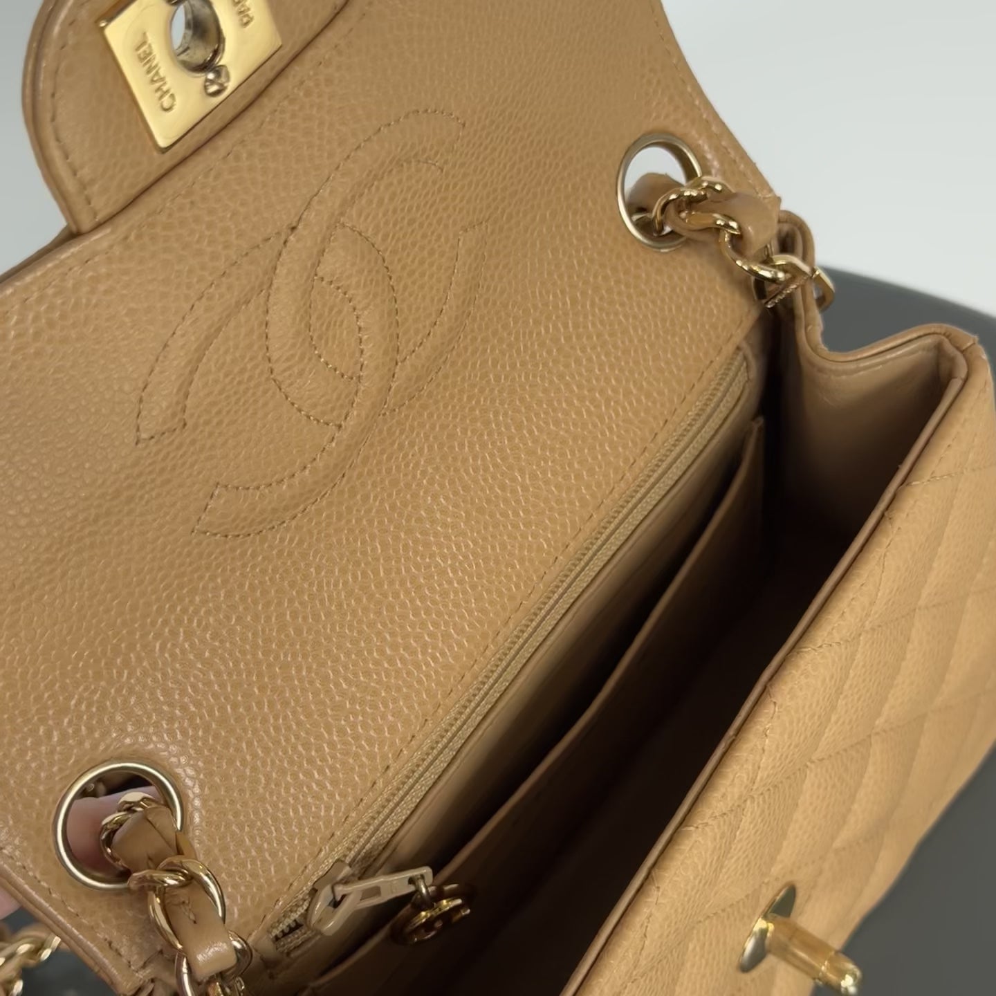 Chanel Vintage Camel Beige Quilted Caviar Mini Square Classic Single Flap Gold Hardware - Queen May