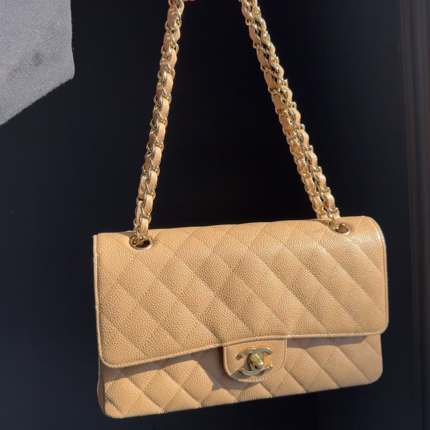 Chanel Vintage Camel Beige Quilted Caviar Medium Double Flap Gold Hardware 2005-2006 - Queen May