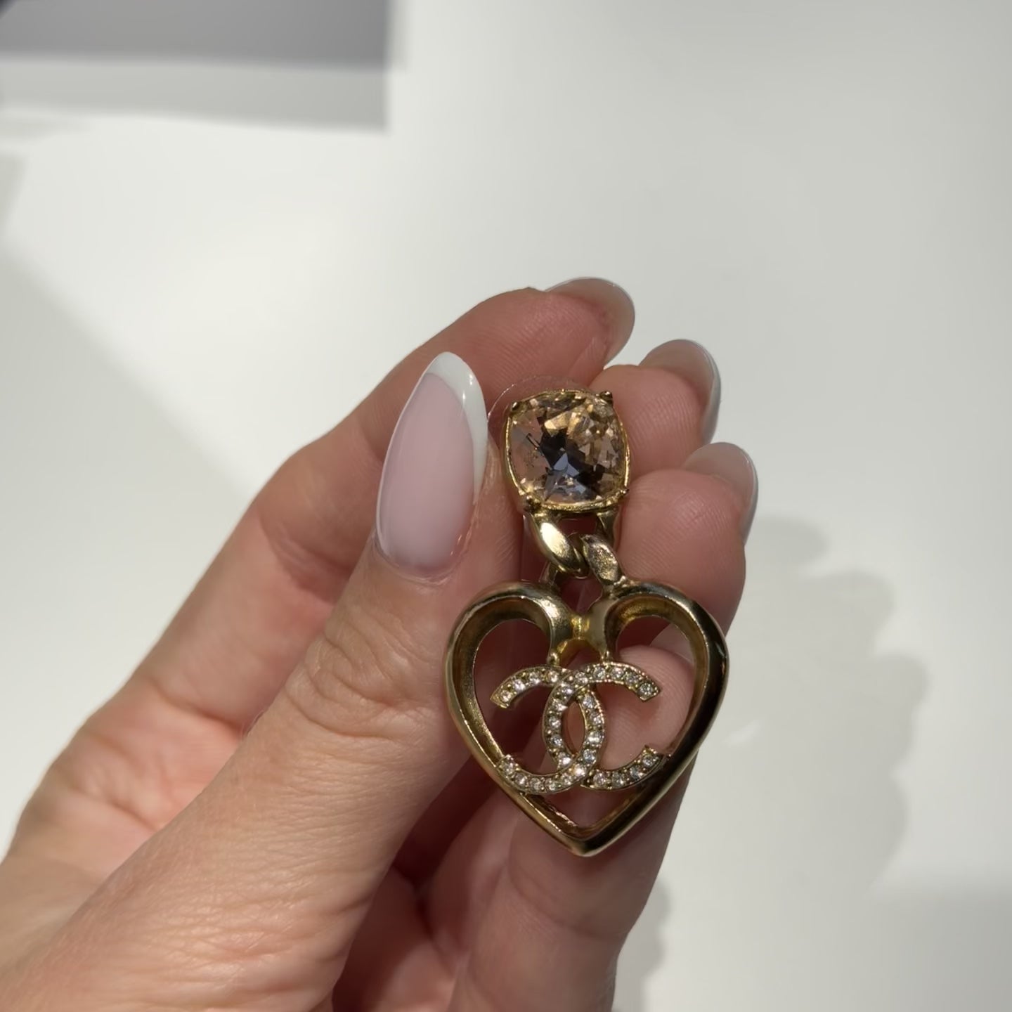 Chanel Pink and Clear Strass Heart Gold Metal Earrings 2023 - Queen May