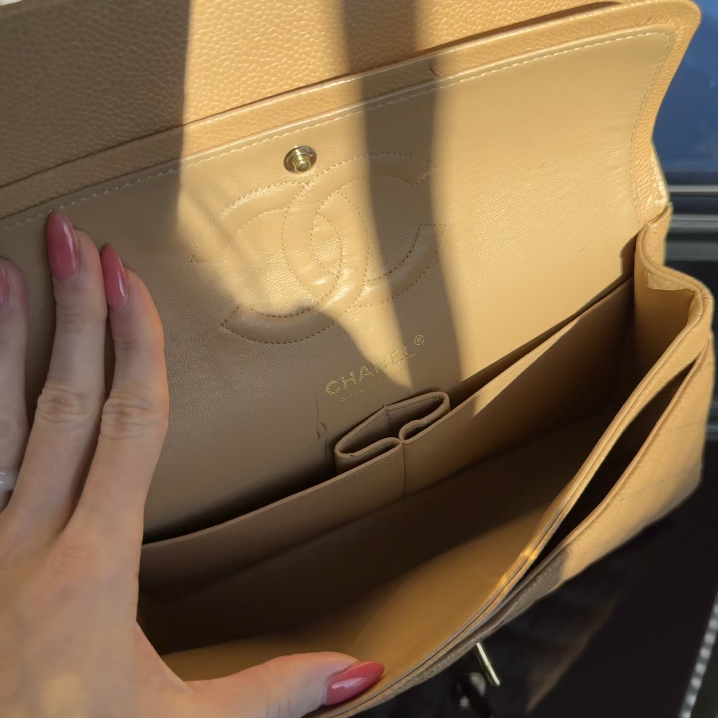Chanel Vintage Camel Beige Quilted Caviar Medium Double Flap Gold Hardware 2005-2006 - Queen May