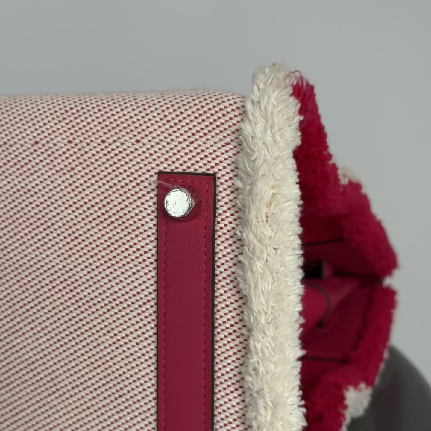 Limited Edition Hermes Framboise Swift and Ecru Toile Fray Fray Birkin 35 PHW Palladium Hardware - Queen May