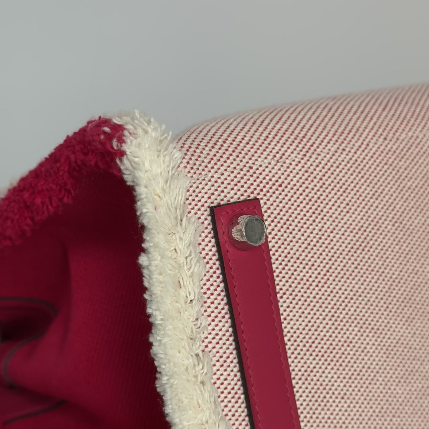 Limited Edition Hermes Framboise Swift and Ecru Toile Fray Fray Birkin 35 PHW Palladium Hardware - Queen May