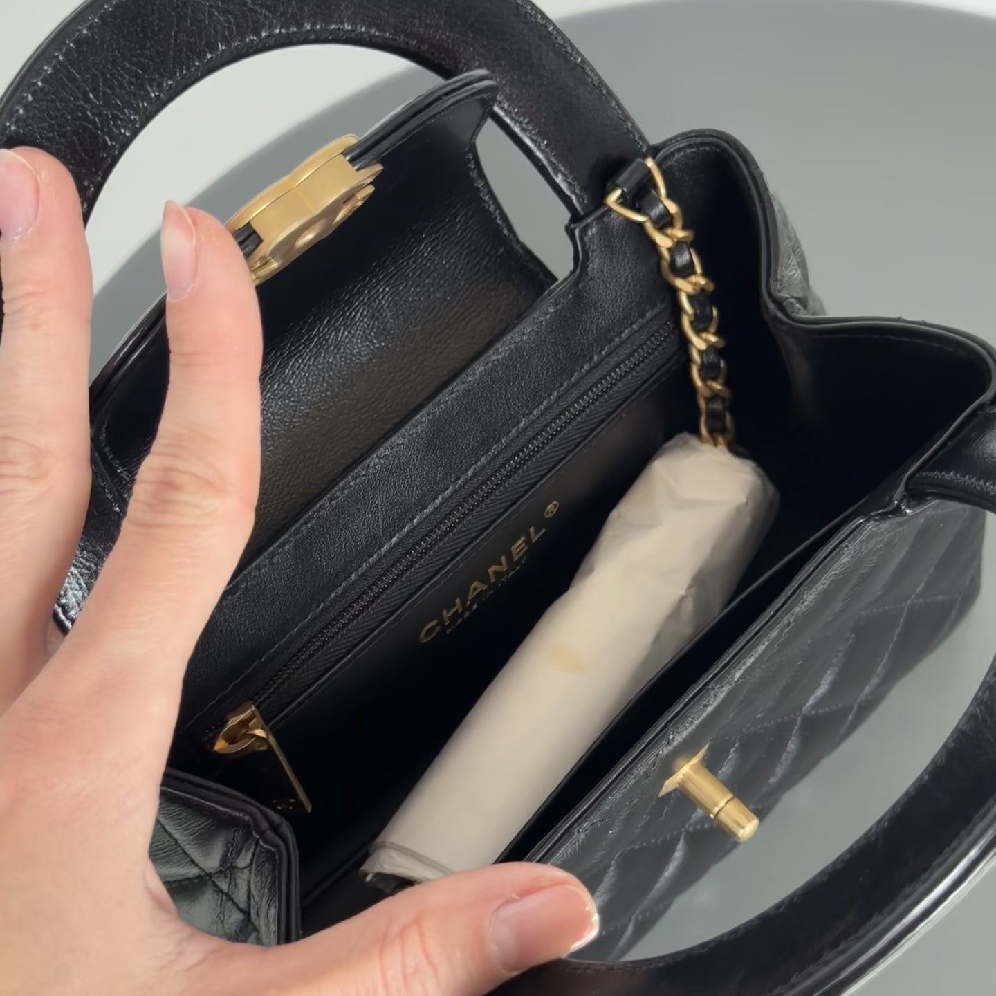 New Chanel Kelly Nano Black Calfskin Top Handle Shopping Bag - Queen May