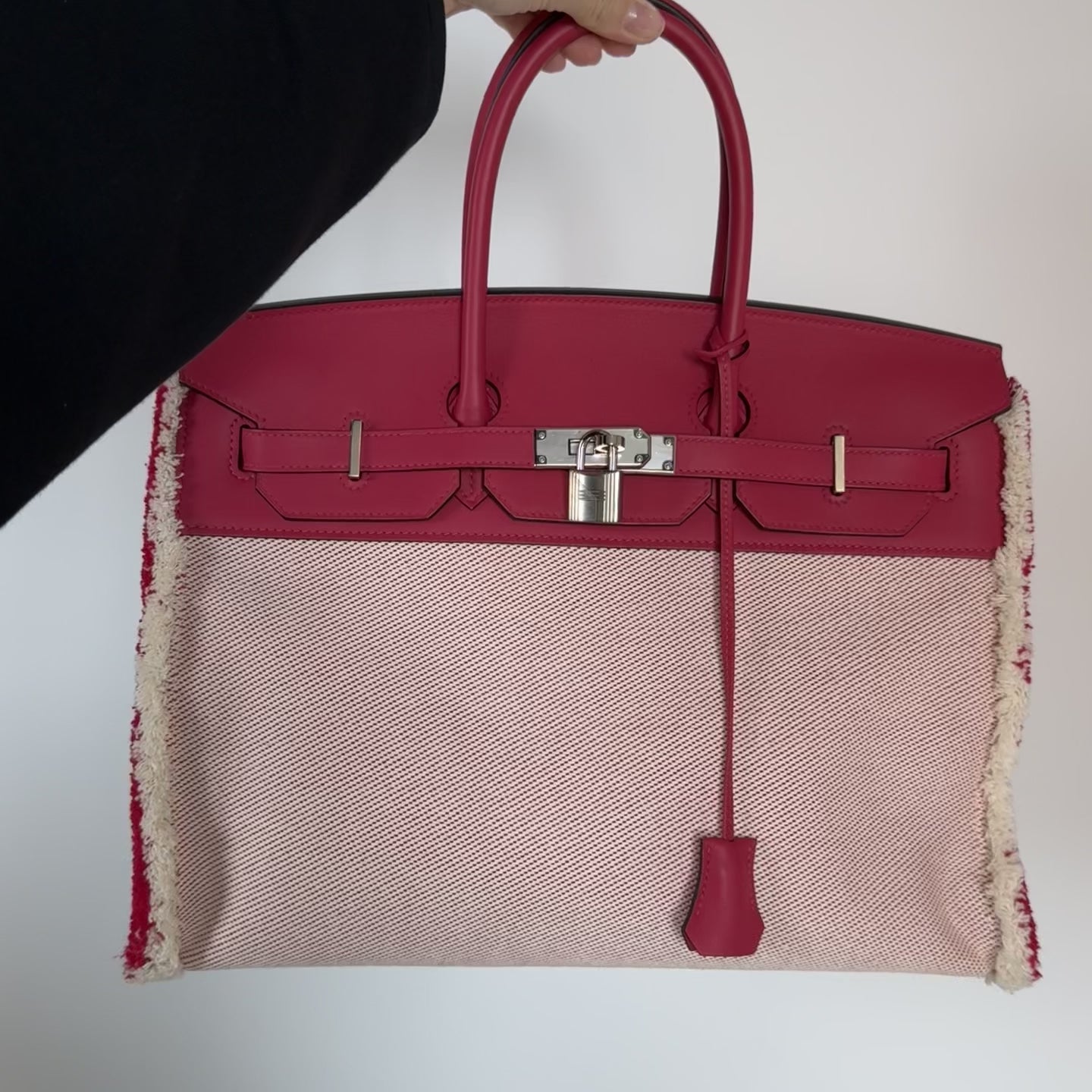 Limited Edition Hermes Framboise Swift and Ecru Toile Fray Fray Birkin 35 PHW Palladium Hardware - Queen May