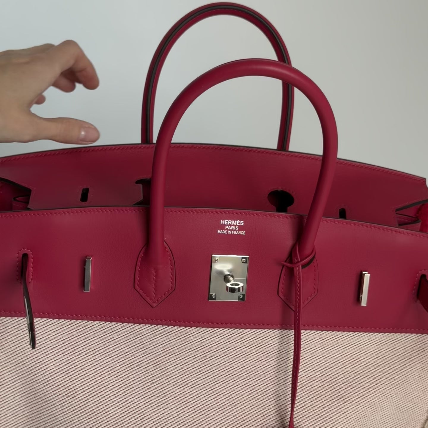 Limited Edition Hermes Framboise Swift and Ecru Toile Fray Fray Birkin 35 PHW Palladium Hardware - Queen May