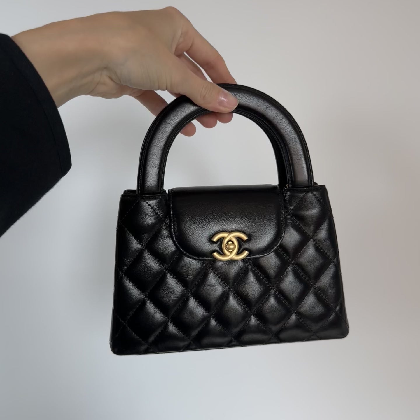New Chanel Kelly Nano Black Calfskin Top Handle Shopping Bag - Queen May