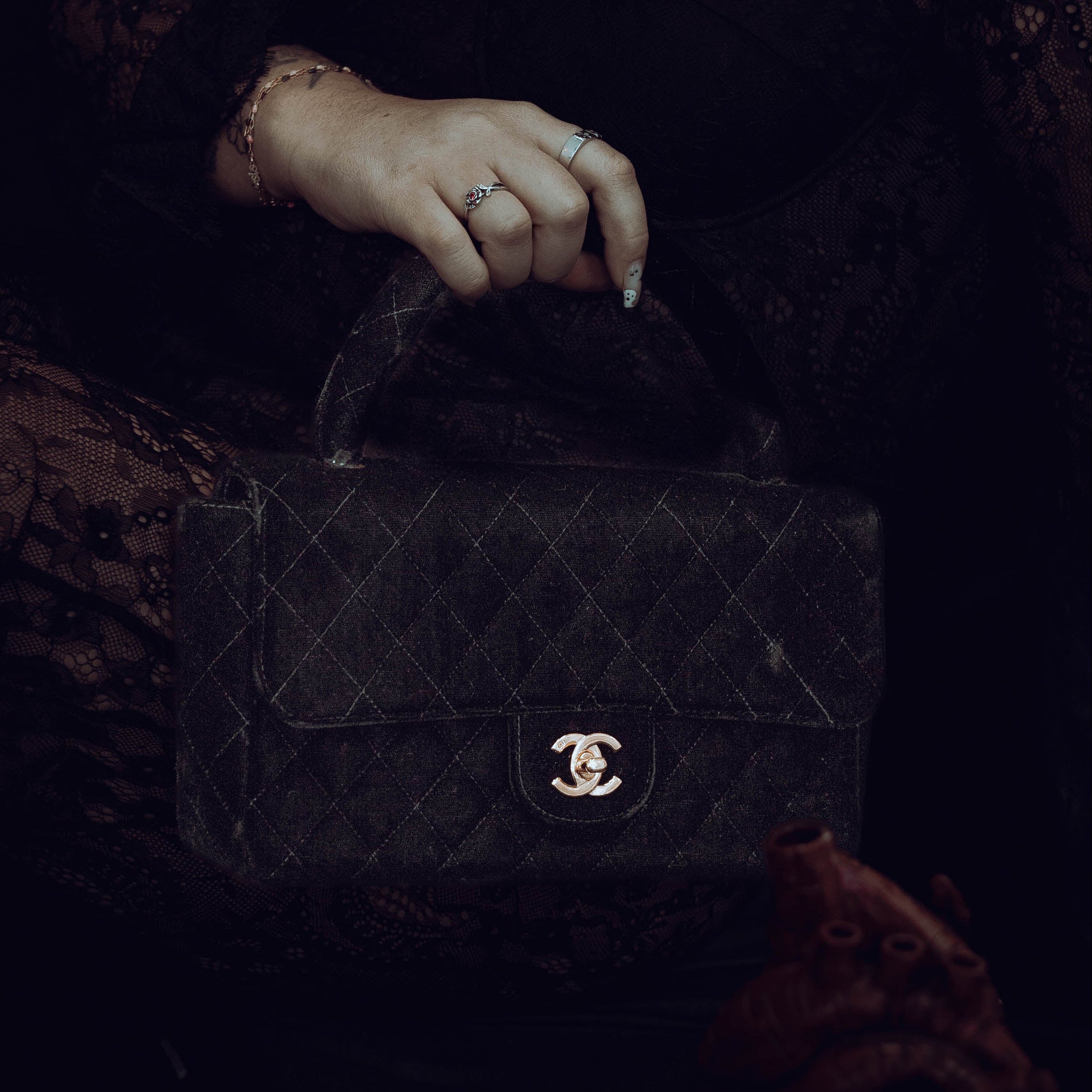 Chanel Black Quilted Velvet Medium Top Handle Bag - Queen May