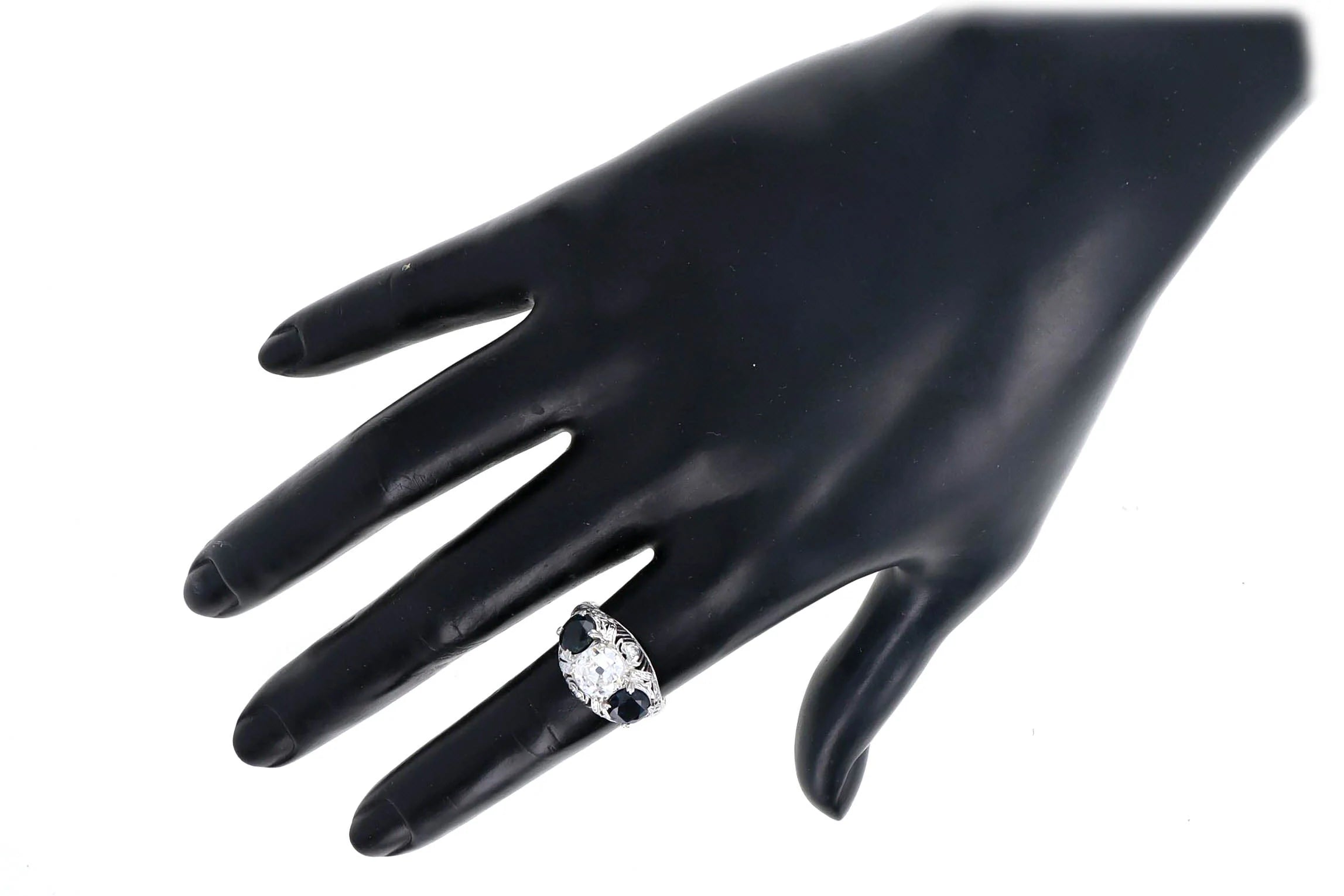 Art Deco 1.47 Carat Old European Diamond Three Stone Sapphire Ring in Platinum GIA Certified - Queen May