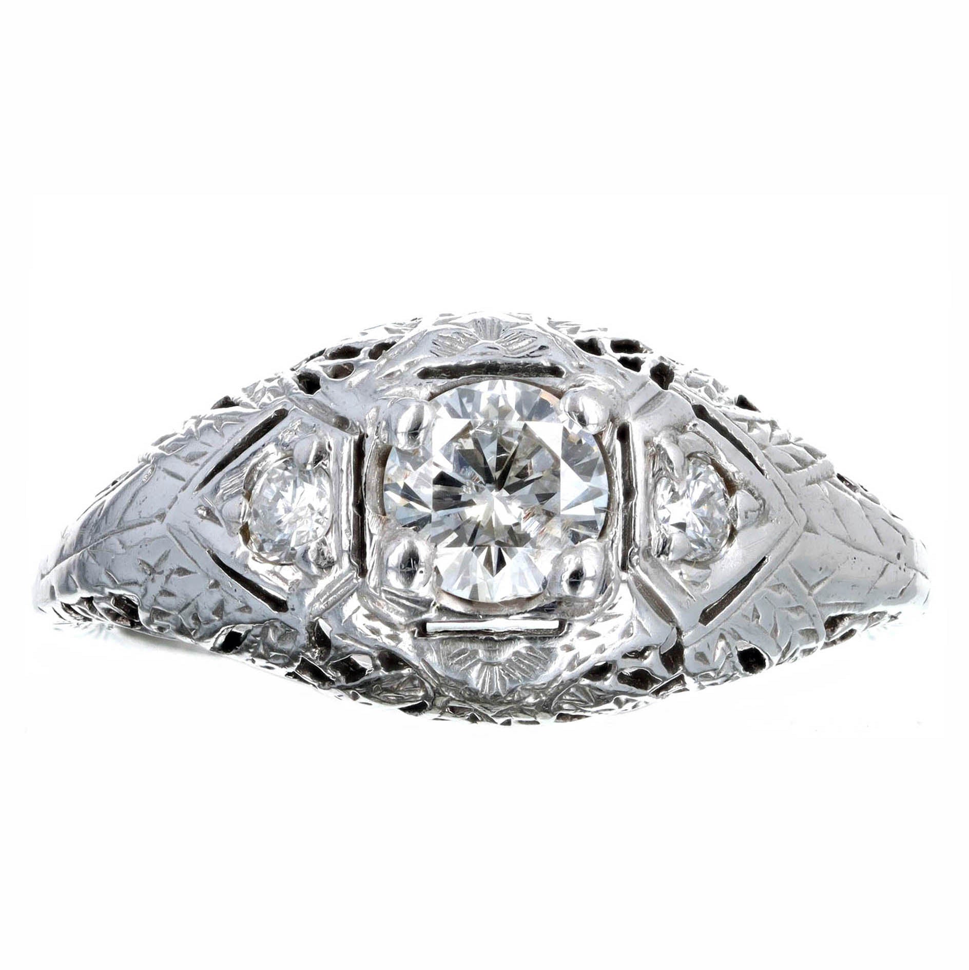 Art Deco 18K White Gold 0.45 Carat Round Brilliant Diamond Engagement Ring - Queen May