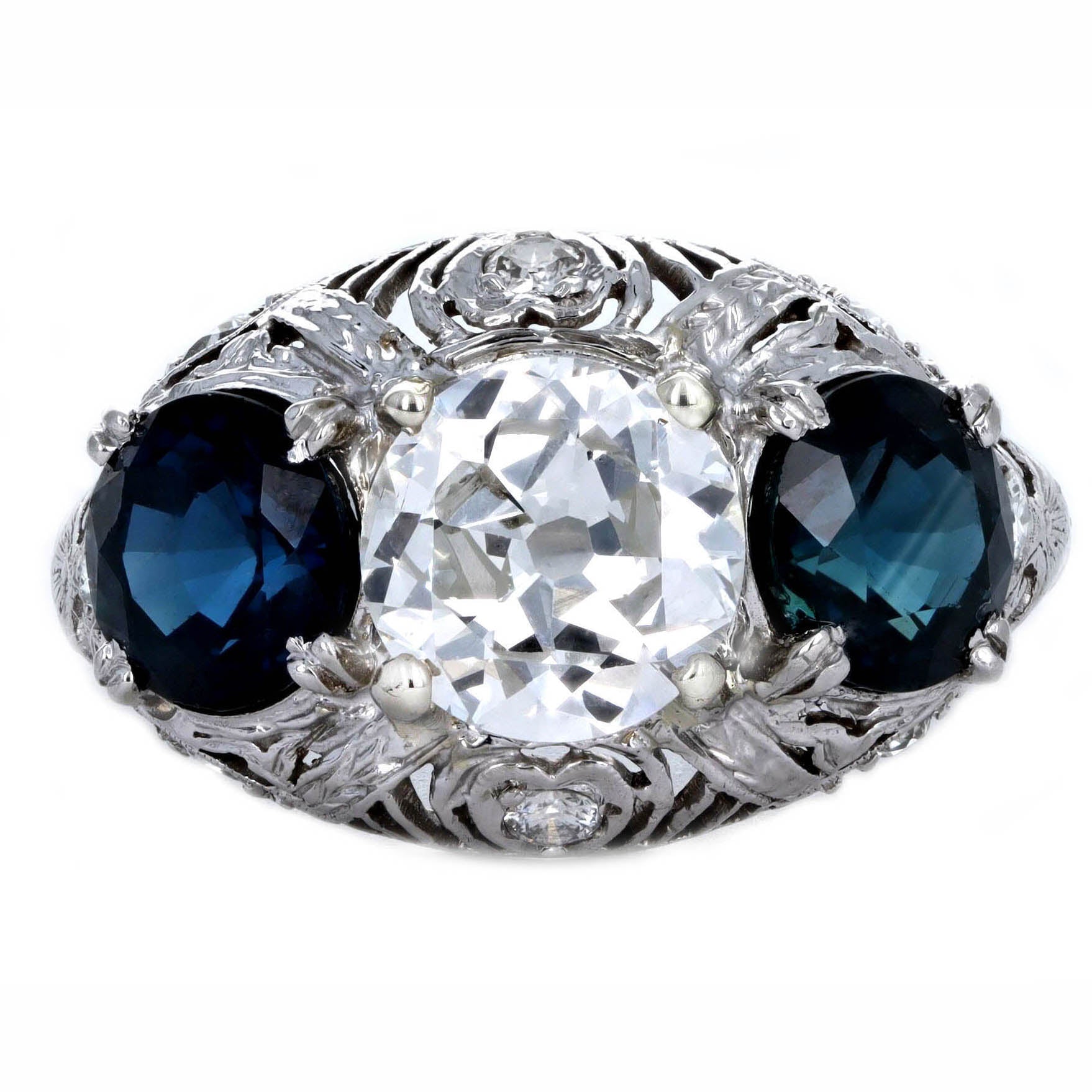 Art Deco 1.47 Carat Old European Diamond Three Stone Sapphire Ring in Platinum GIA Certified - Queen May