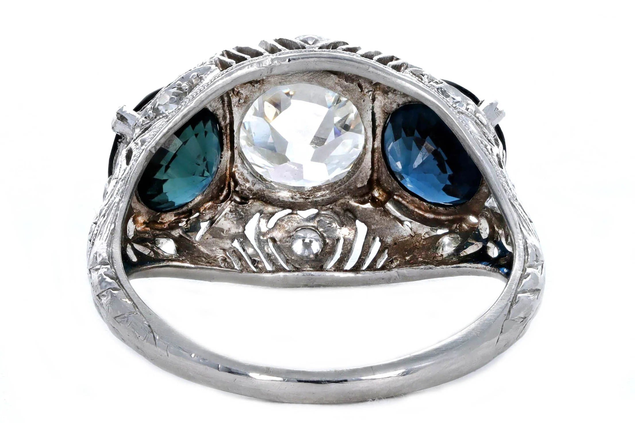 Art Deco 1.47 Carat Old European Diamond Three Stone Sapphire Ring in Platinum GIA Certified - Queen May