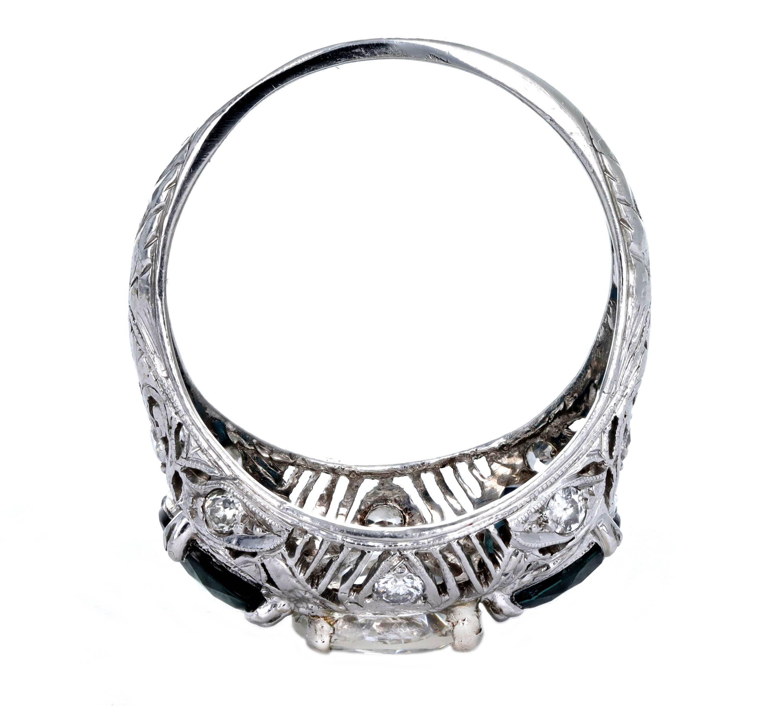 Art Deco 1.47 Carat Old European Diamond Three Stone Sapphire Ring in Platinum GIA Certified - Queen May