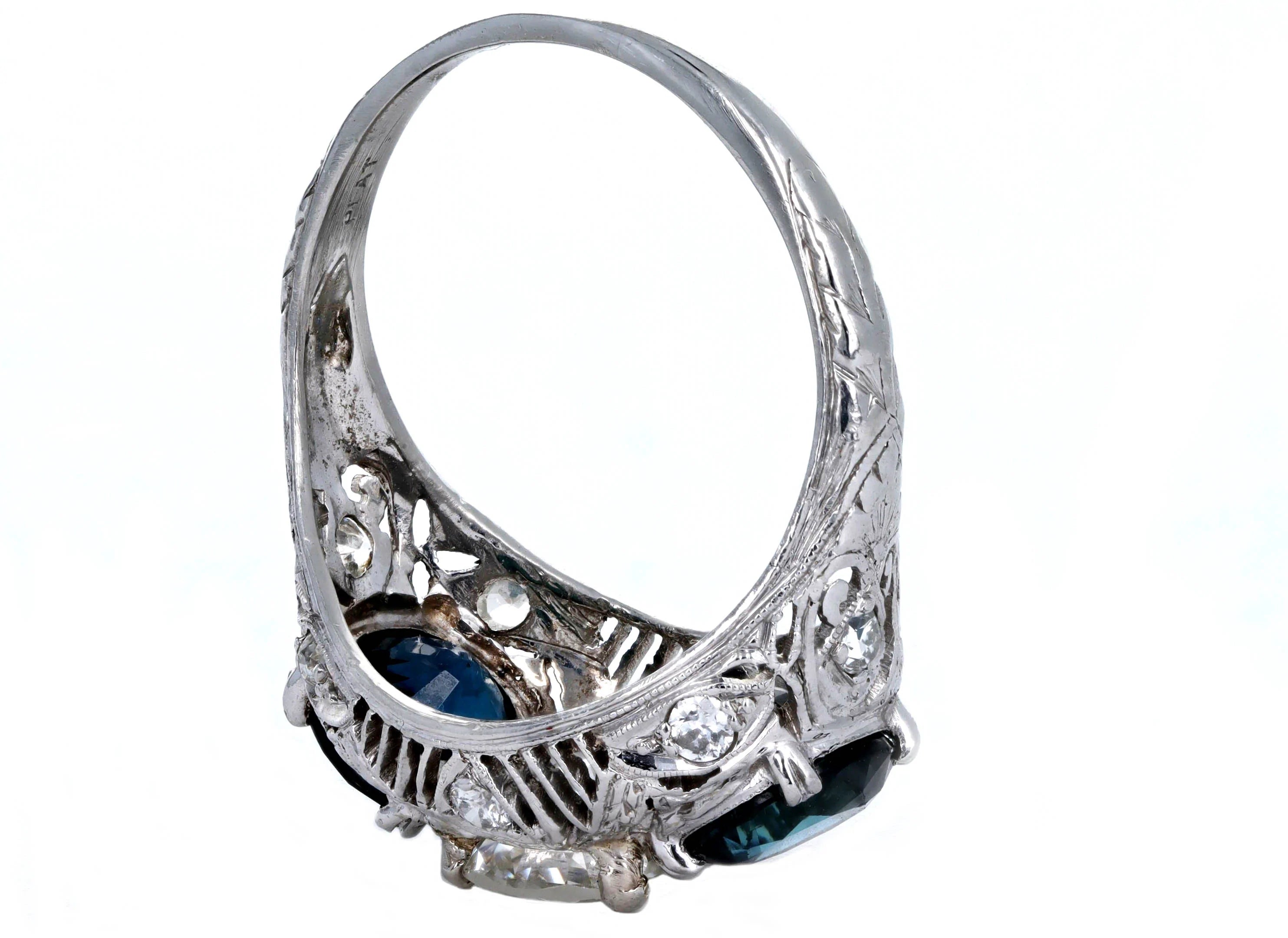 Art Deco 1.47 Carat Old European Diamond Three Stone Sapphire Ring in Platinum GIA Certified - Queen May