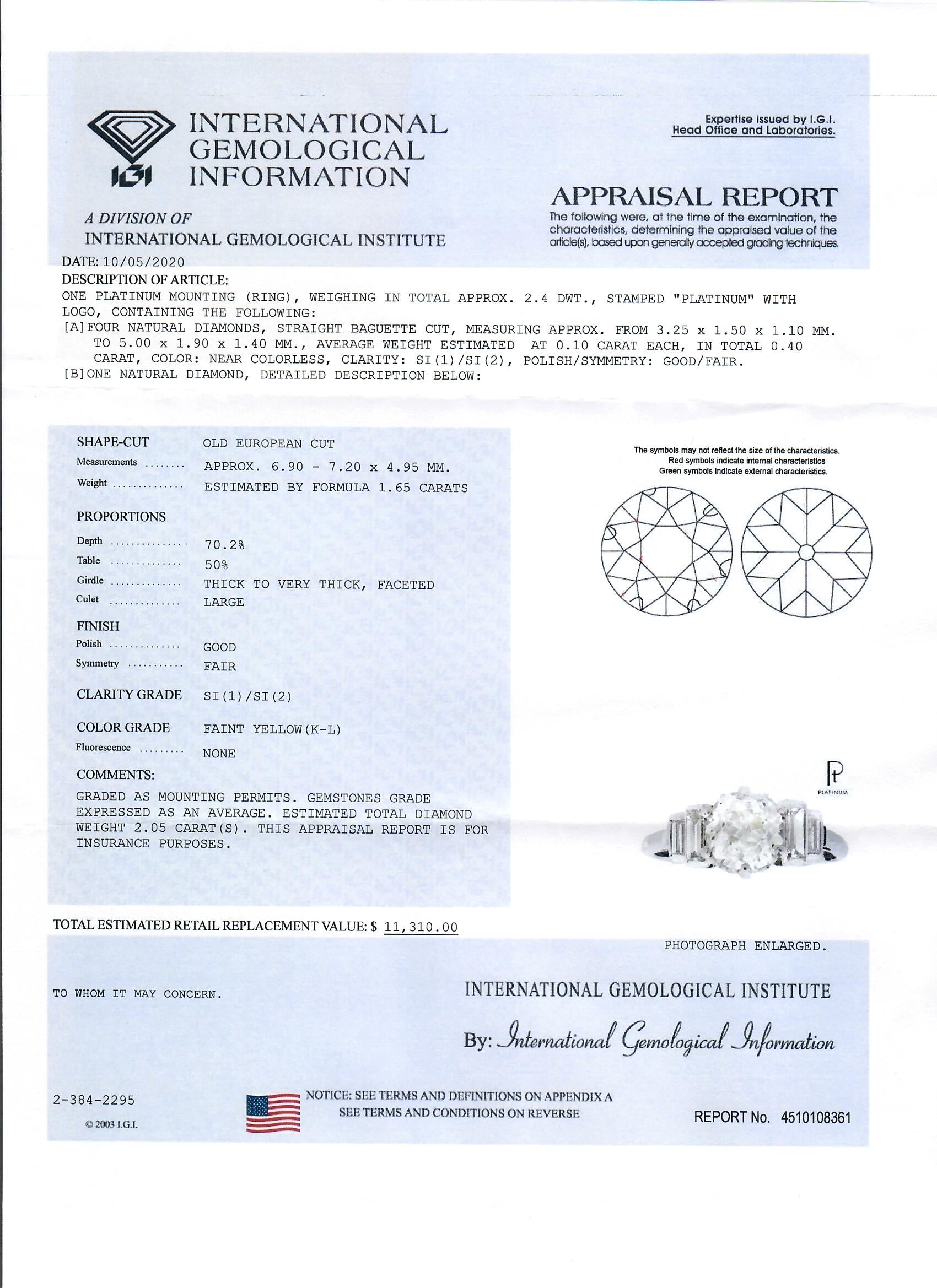 Art Deco Platinum 1.65 Carat Old European Cut Diamond Engagement Ring IGI Certified - Queen May