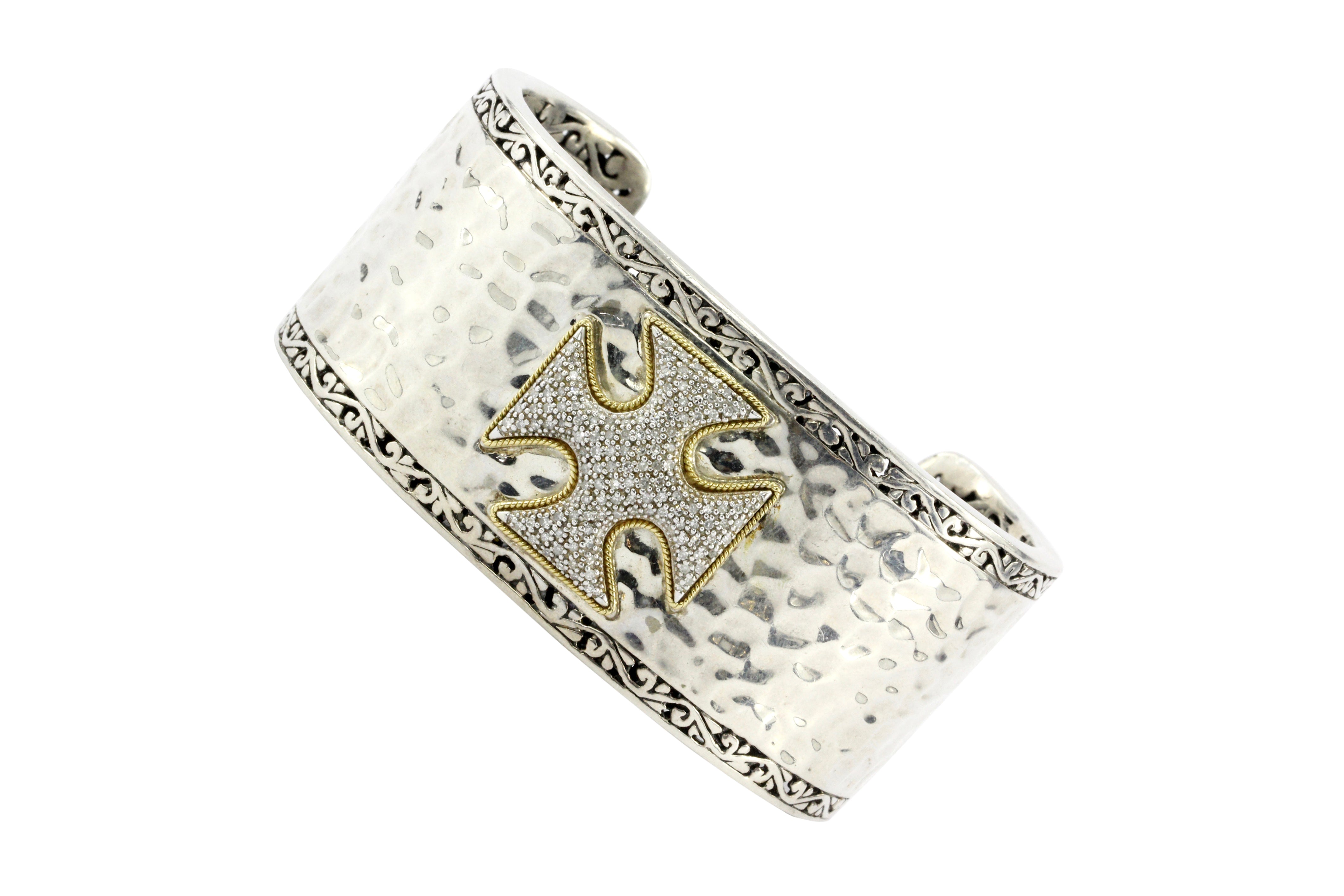 Effy Pave Diamond Two Tone Sterling Silver & 18K Yellow Gold Cross Cuff - Queen May