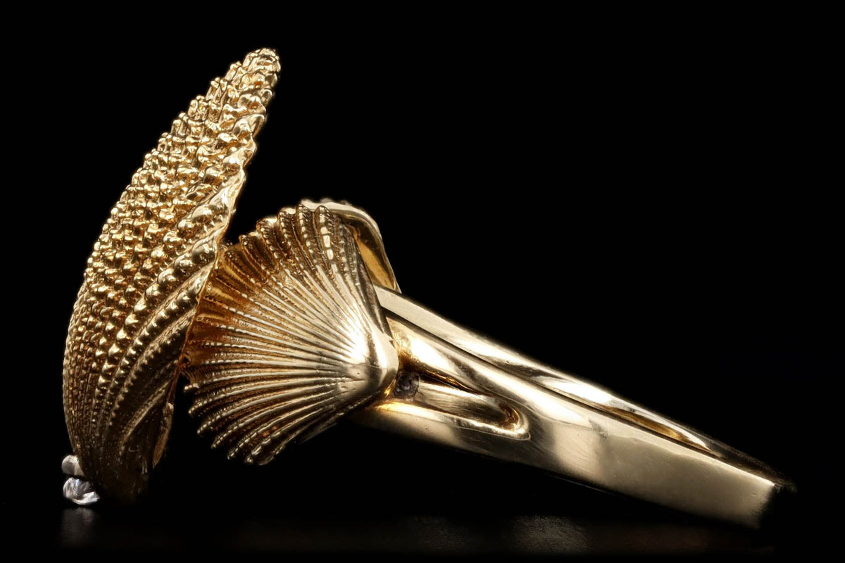 14K Yellow Gold Diamond Seashell Ring - Queen May