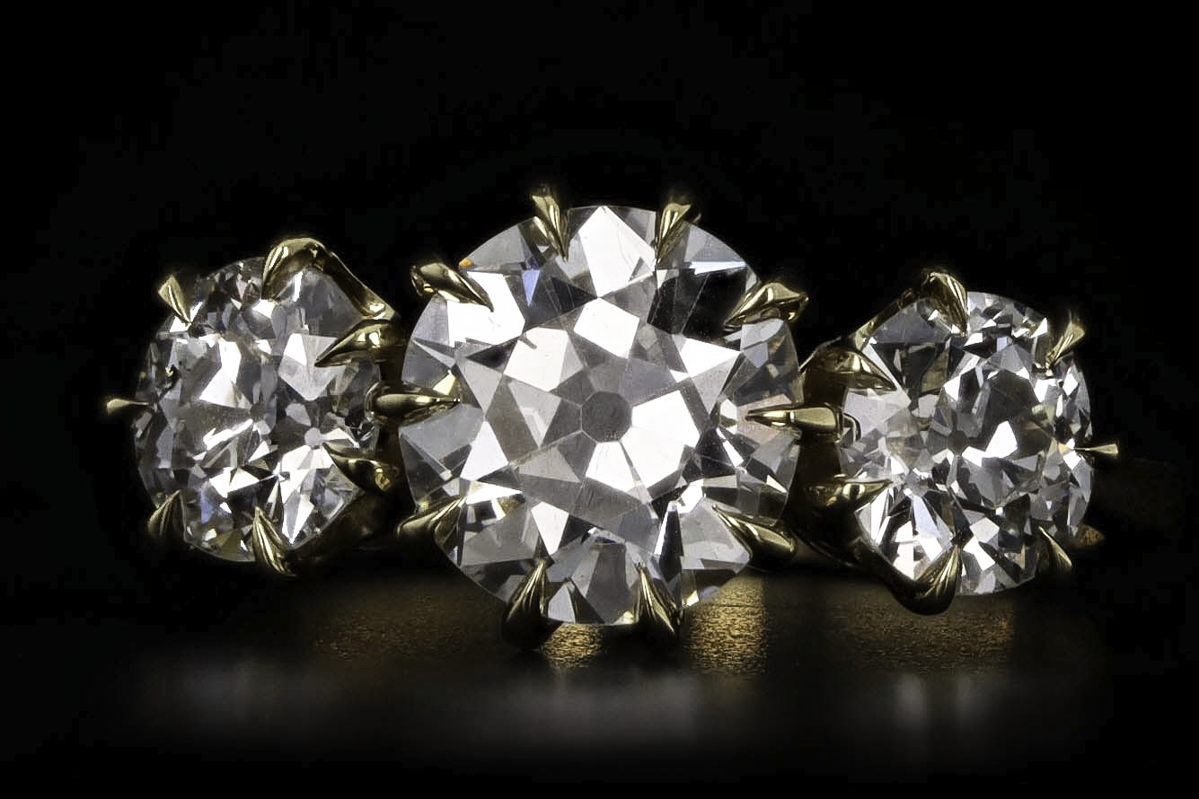 1.94 Carat Old European Diamond Three Stone Victorian Inspired Engagement Ring in 18K Yellow Gold GIA Certified - Queen May