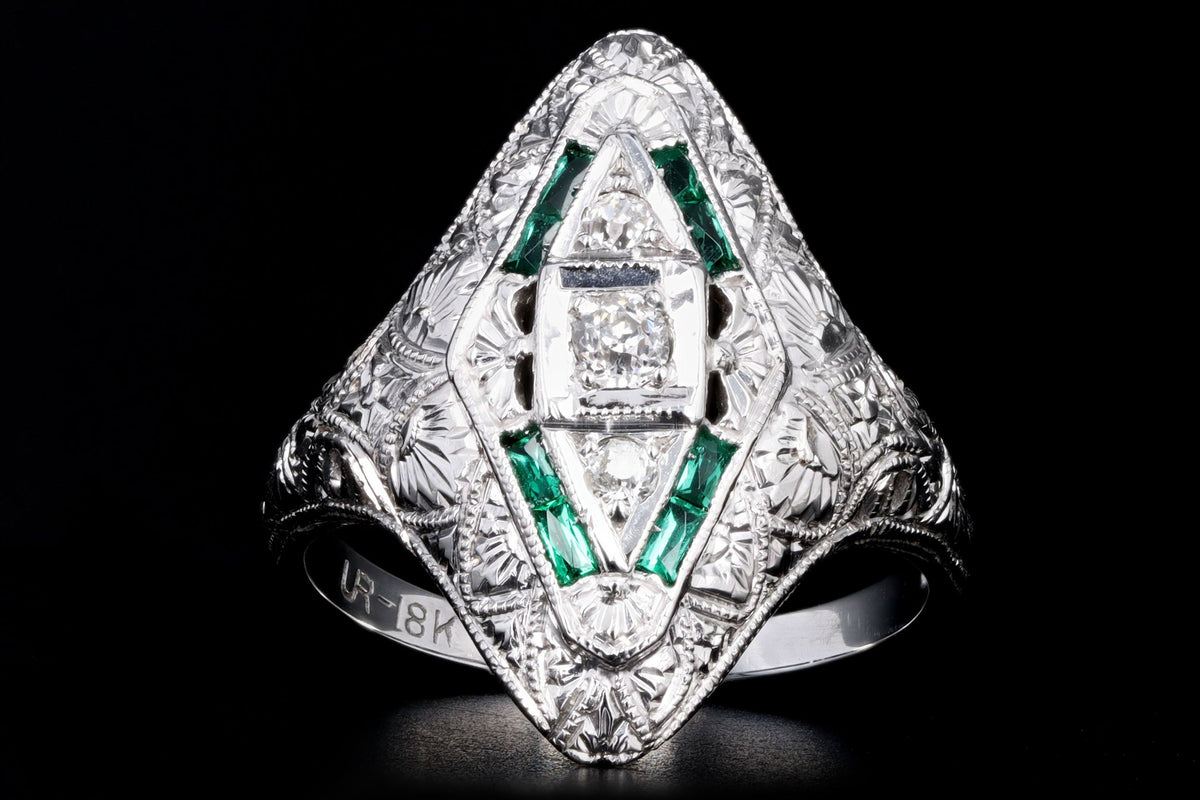 Art Deco 18K White Gold Old European Diamond & Synthetic Emerald Filigree Ring - Queen May