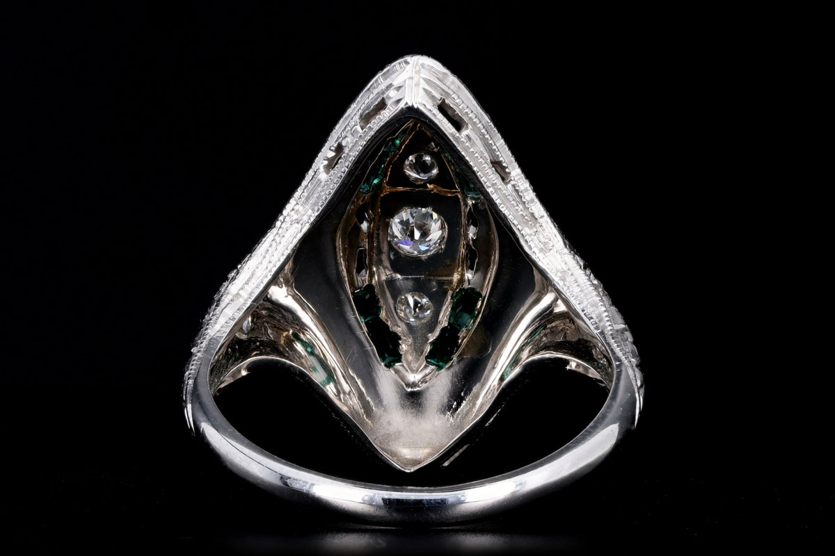 Art Deco 18K White Gold Old European Diamond & Synthetic Emerald Filigree Ring - Queen May