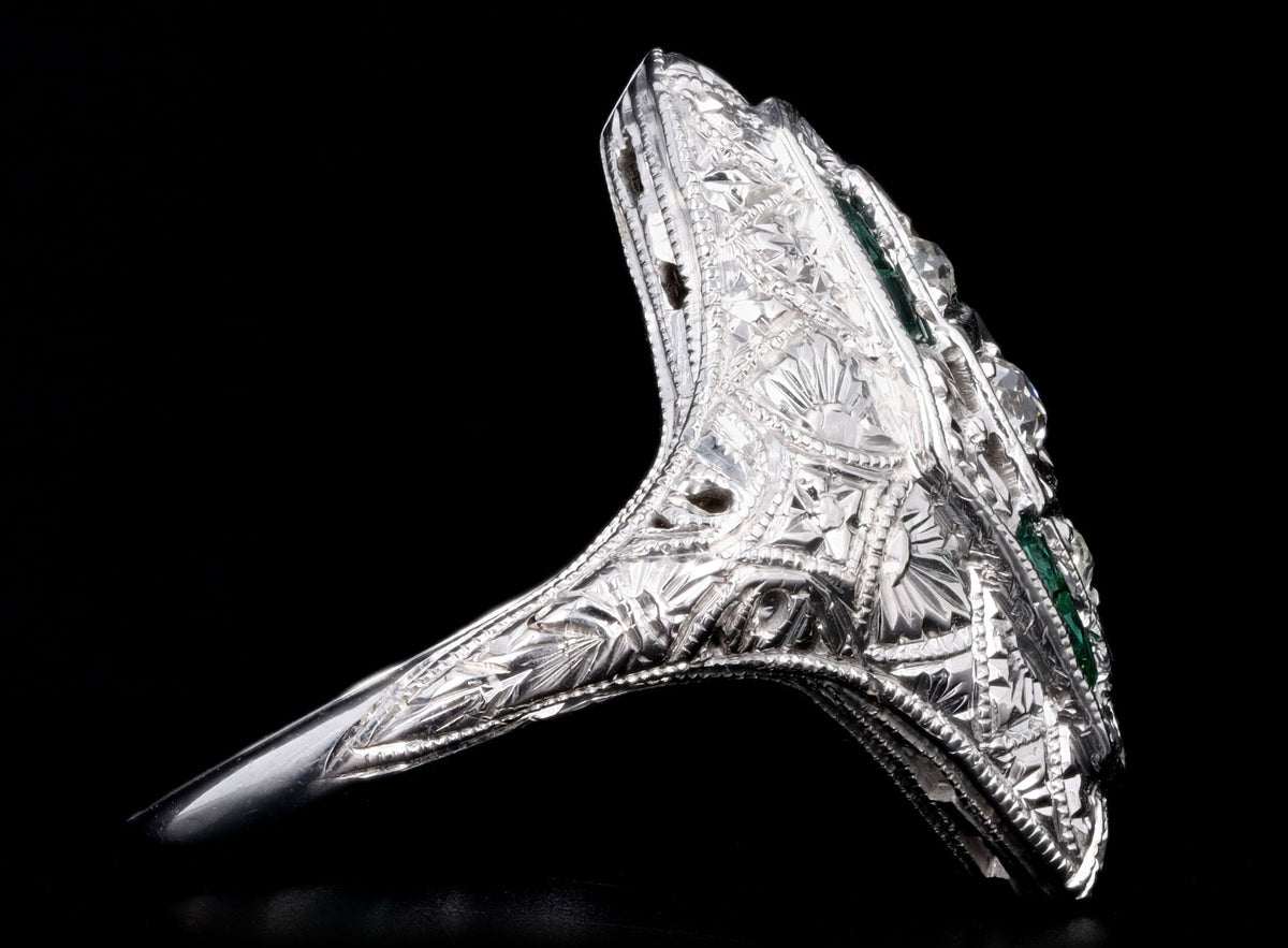Art Deco 18K White Gold Old European Diamond & Synthetic Emerald Filigree Ring - Queen May