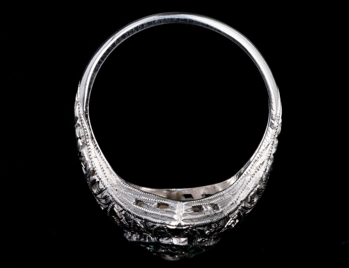 Art Deco 18K White Gold Old European Diamond & Synthetic Emerald Filigree Ring - Queen May