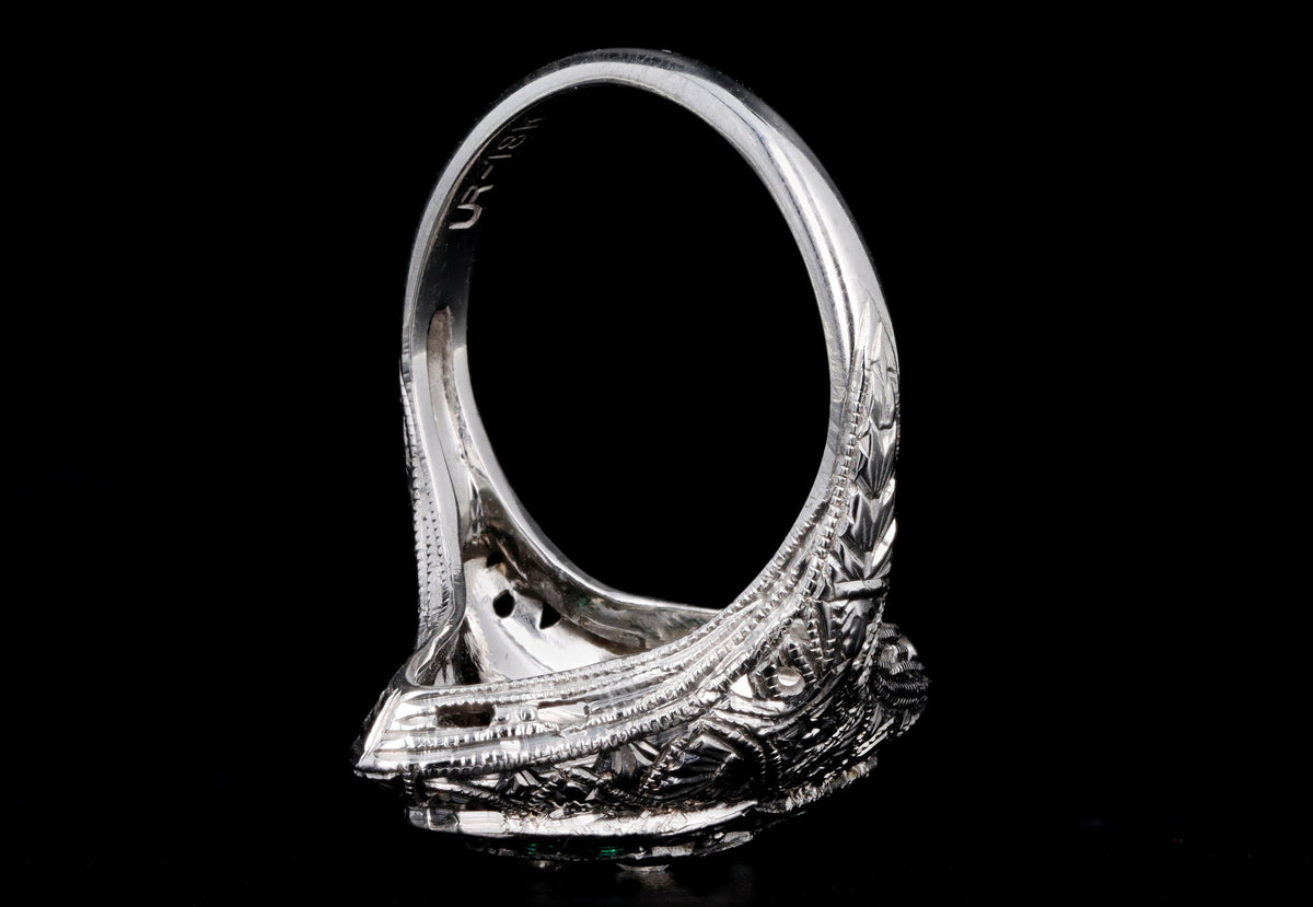 Art Deco 18K White Gold Old European Diamond & Synthetic Emerald Filigree Ring - Queen May