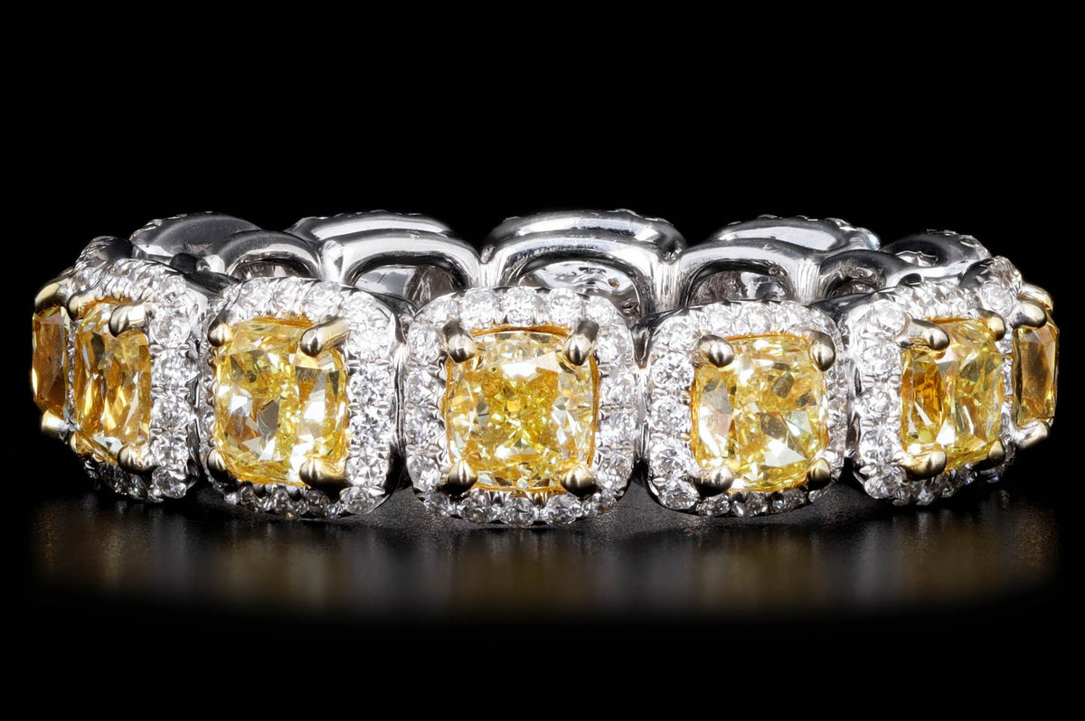 18K White Gold 4.77 Carat Total Weight Fancy Yellow Cushion Diamond Halo Eternity Band - Queen May