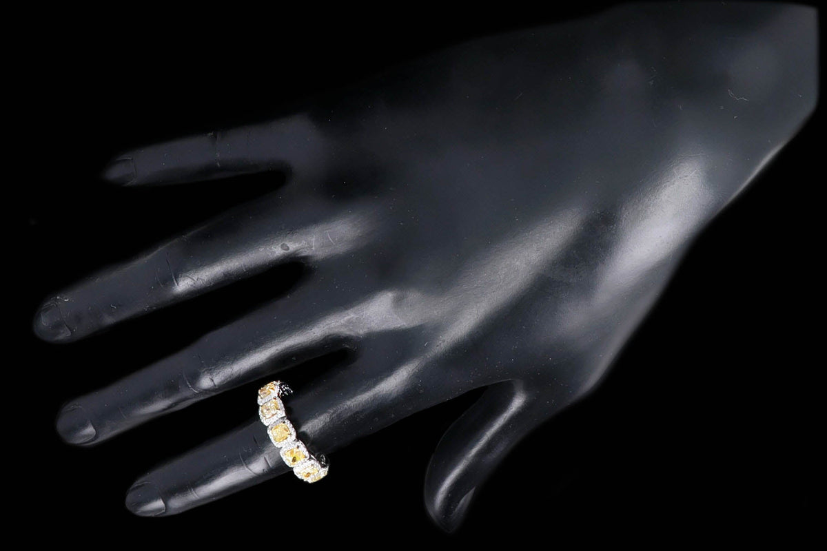 18K White Gold 4.77 Carat Total Weight Fancy Yellow Cushion Diamond Halo Eternity Band - Queen May