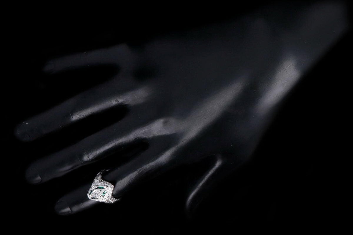 Art Deco 18K White Gold Old European Diamond & Synthetic Emerald Filigree Ring - Queen May