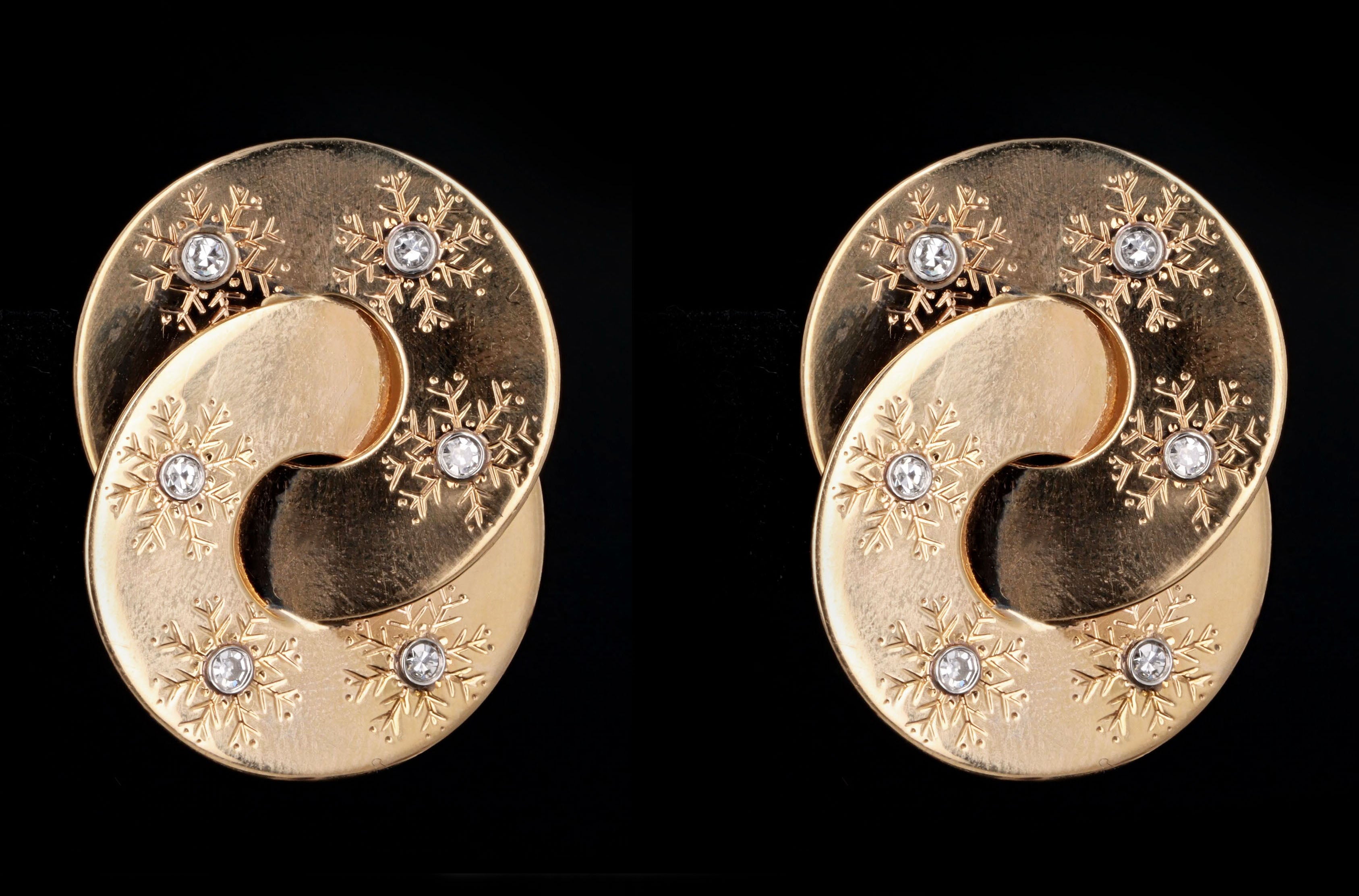 Vintage 14K Yellow Gold 0.30 Carat Total Weight Diamond Snowflake Swirl Earrings - Queen May