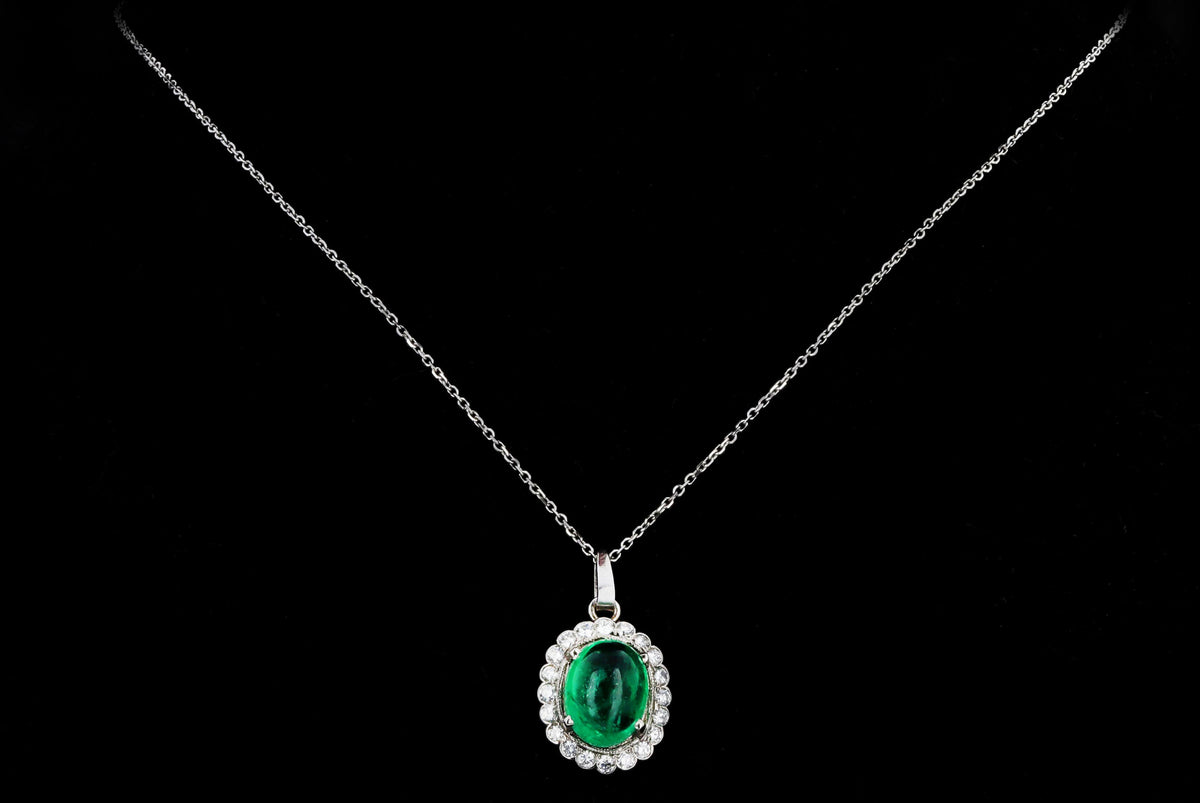 14K White Gold 4.28 Carat Cabochon Natural Emerald & Diamond Diamond Halo Pendant Necklace - Queen May