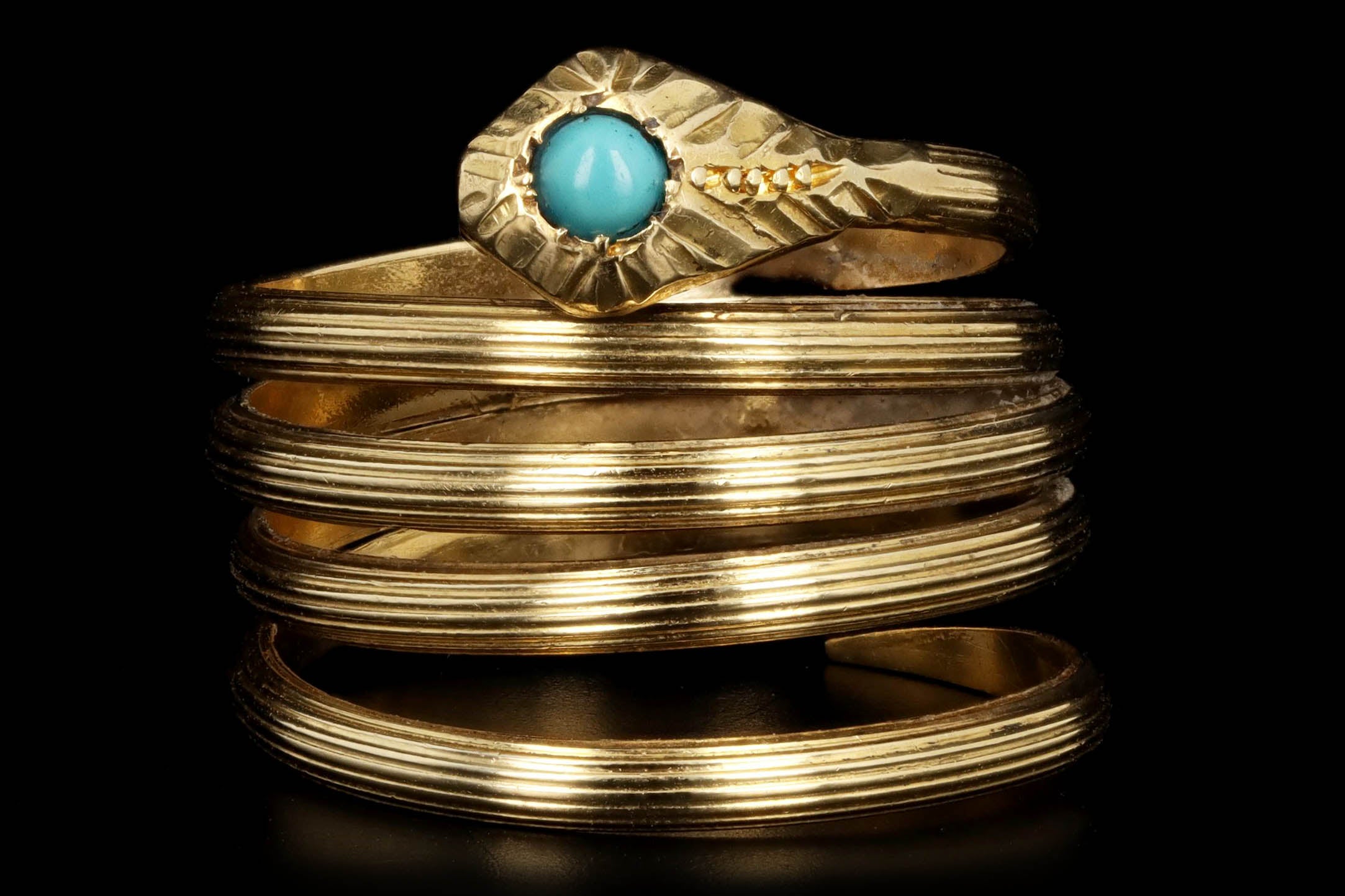 Vintage 18K Yellow Gold Turquoise Snake Wrap Ring - Queen May
