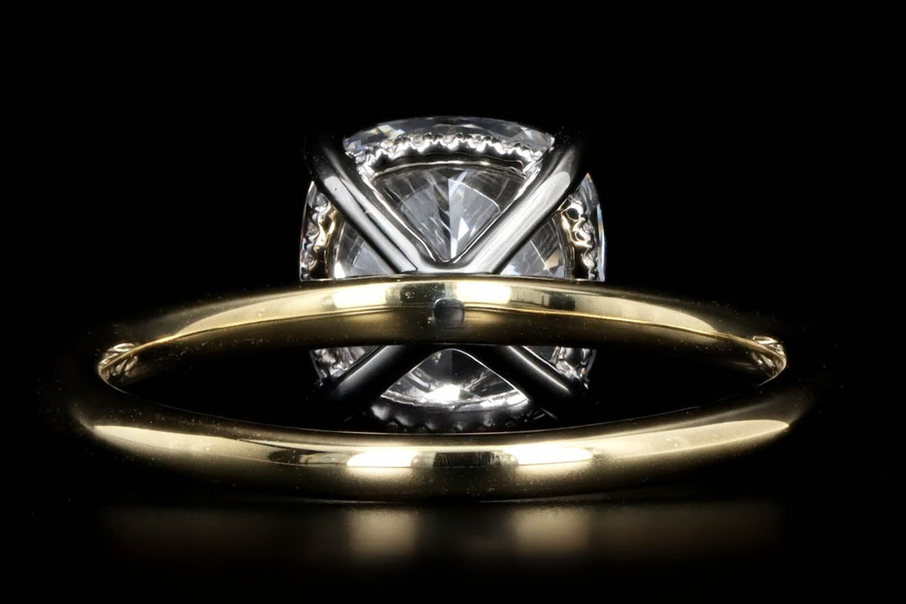 3.00 Carat Cushion Cut Diamond Hidden Halo Engagement Ring in 18K Yellow Gold & Platinum - Queen May