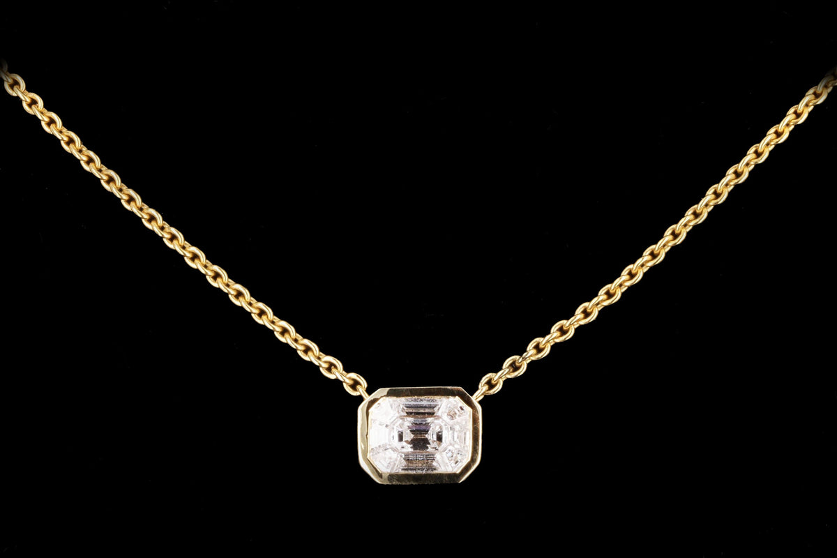 14K Yellow Gold 0.31 Carat Total Weight Mosaic Emerald Cut Diamond East-West Bezel Pendant Necklace - Queen May