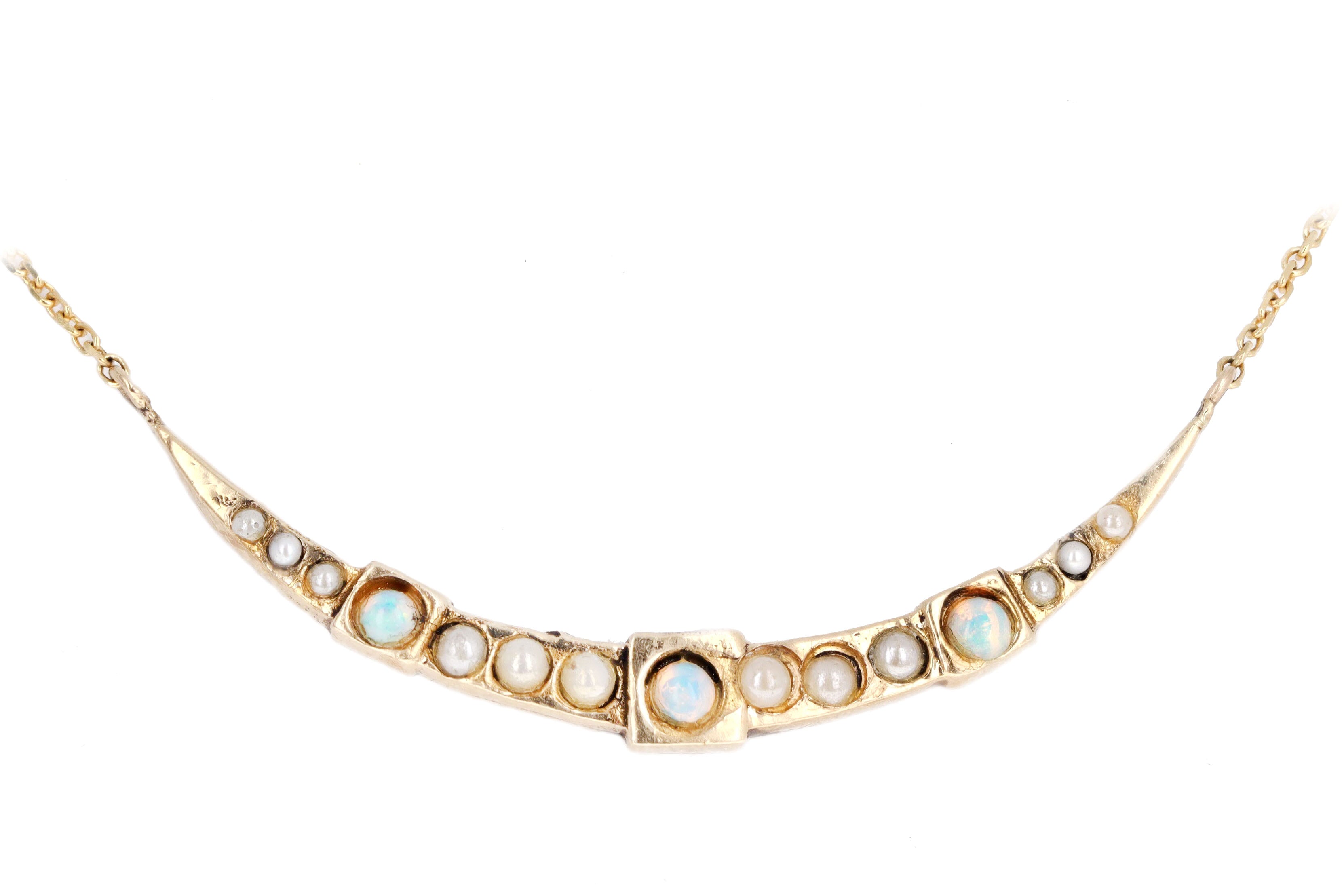 Victorian 14K Yellow Gold Opal & Seed Pearl Crescent Moon Stick Pin Conversion Pendant Necklace - Queen May