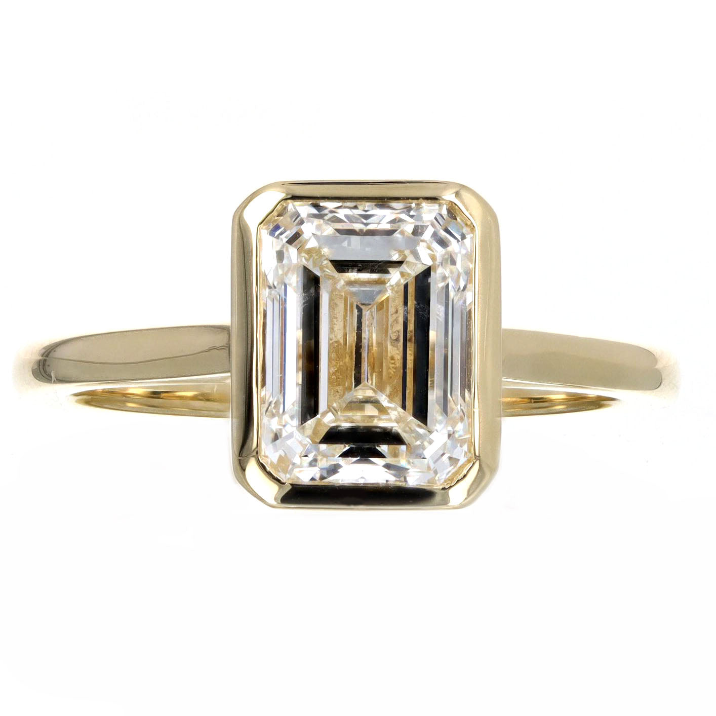2.51 Carat Emerald Cut Diamond Bezel Engagement Ring in 18K Yellow Gold GIA Certified - Queen May