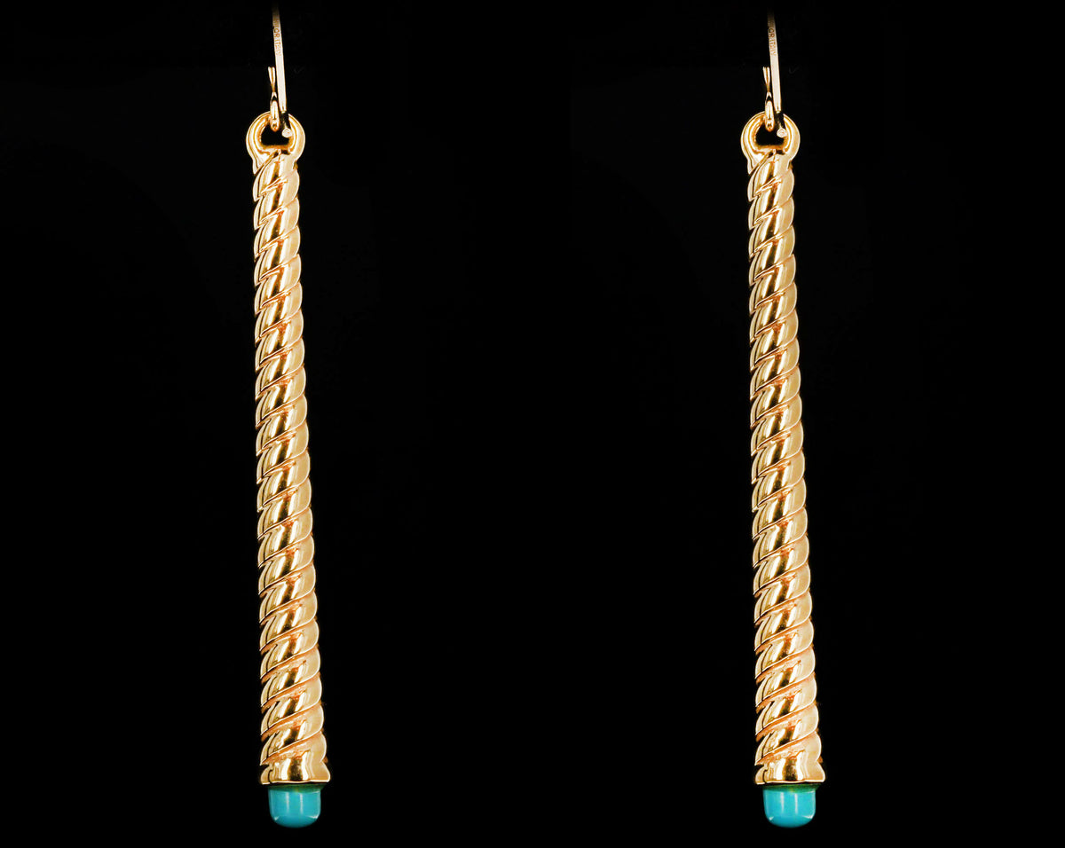 14K Yellow Gold Spiral Drop Earrings with Turquoise Accents - Queen May